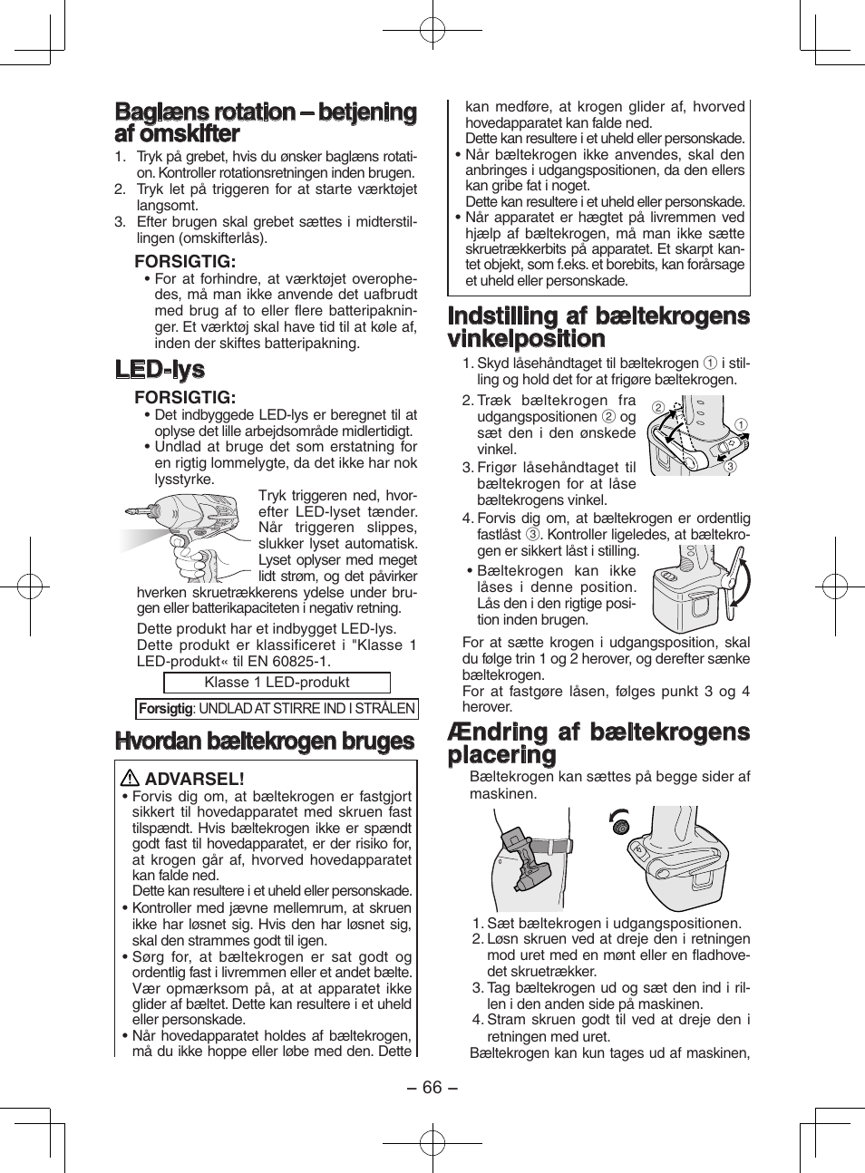 Baglæns rotation – betjening af omskifter, Led-lys, Hvordan bæltekrogen bruges | Indstilling af bæltekrogens vinkelposition, Ændring af bæltekrogens placering | Panasonic EY7202GQW User Manual | Page 66 / 124