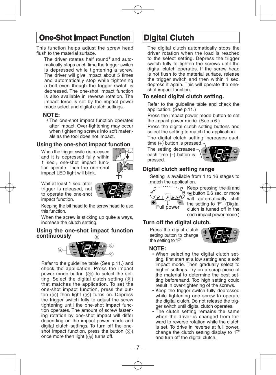 One-shot impact function, Digital clutch | Panasonic EY7202GQW User Manual | Page 7 / 124