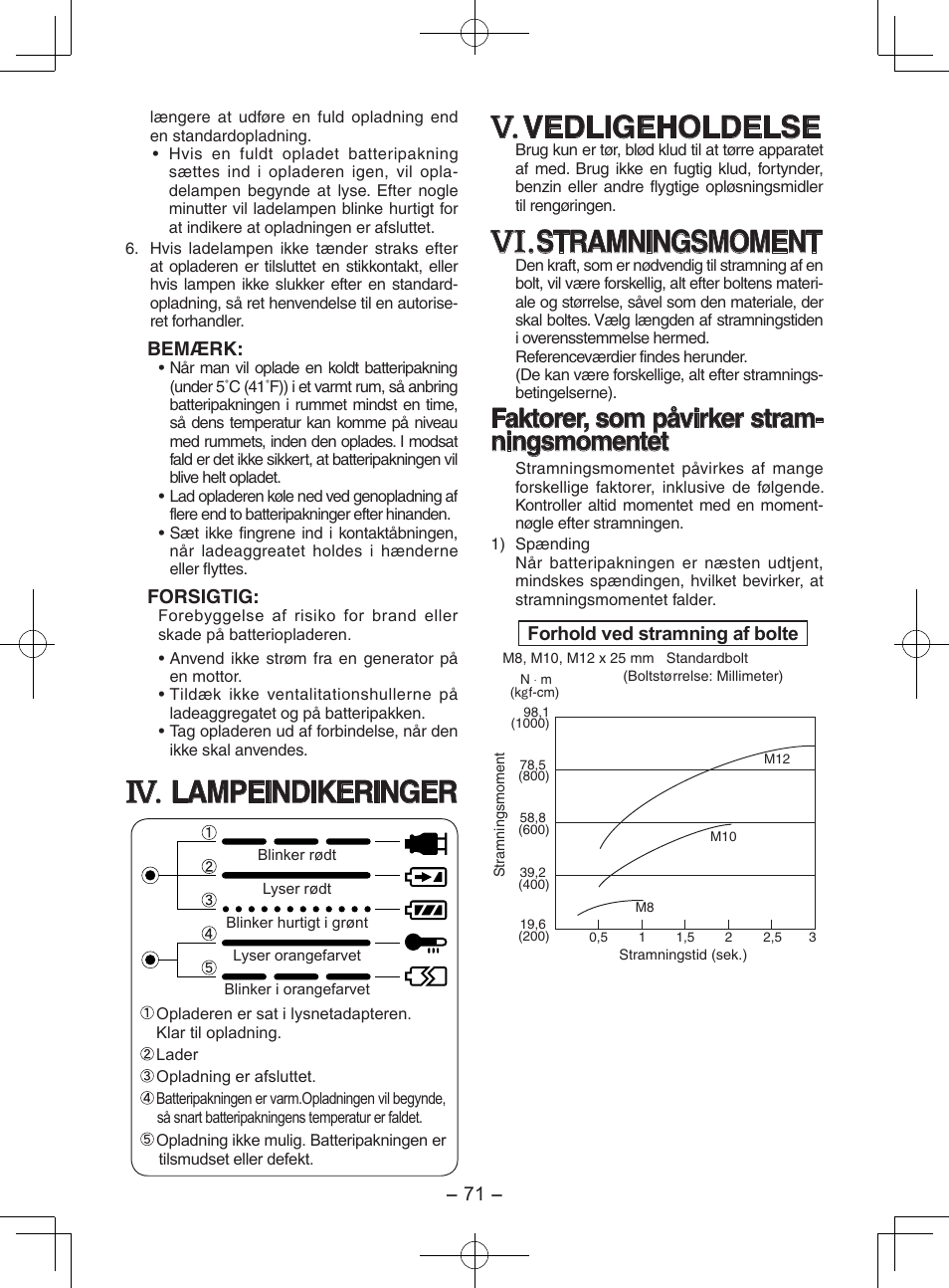 Lampeindikeringer, Vedligeholdelse, Stramningsmoment | Faktorer, som påvirker stram- ningsmomentet | Panasonic EY7202GQW User Manual | Page 71 / 124