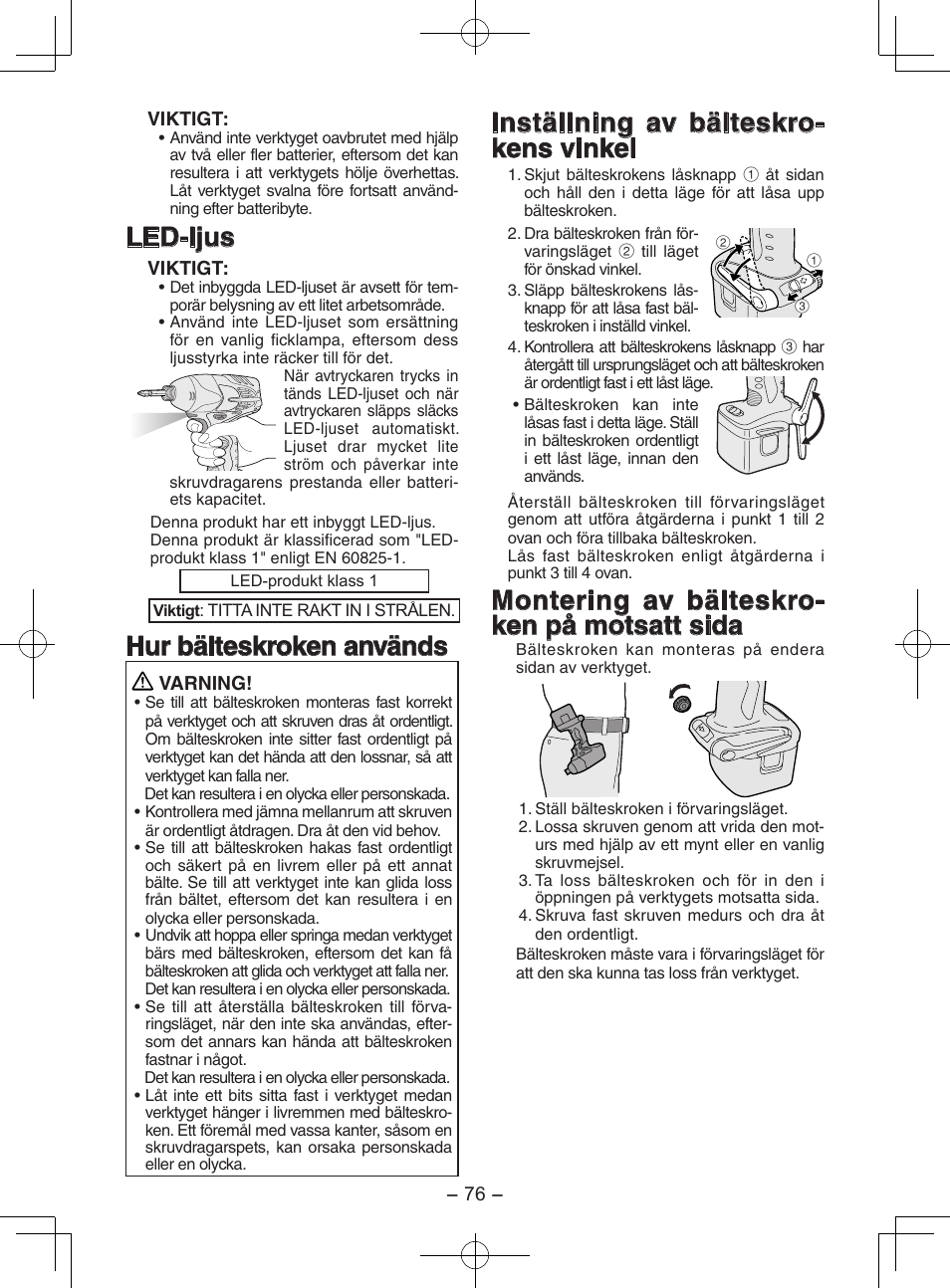 Led-ljus, Hur bälteskroken används, Inställning av bälteskro- kens vinkel | Montering av bälteskro- ken på motsatt sida | Panasonic EY7202GQW User Manual | Page 76 / 124