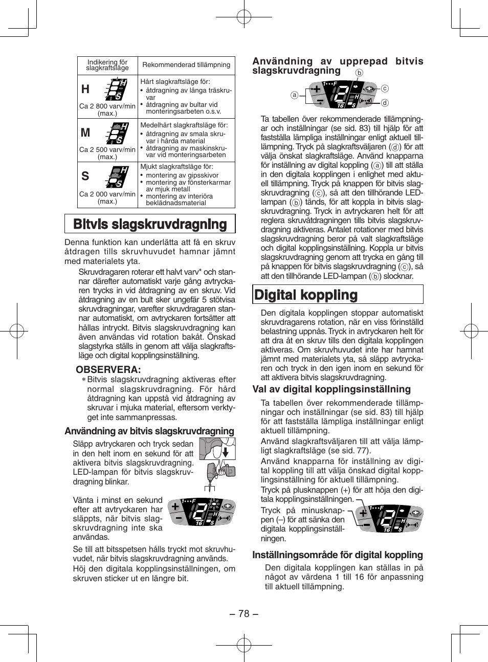 Bitvis slagskruvdragning, Digital koppling | Panasonic EY7202GQW User Manual | Page 78 / 124