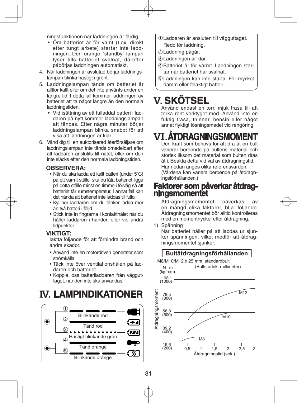 Lampindikationer, Skötsel, Åtdragningsmoment | Faktorer som påverkar åtdrag- ningsmomentet | Panasonic EY7202GQW User Manual | Page 81 / 124