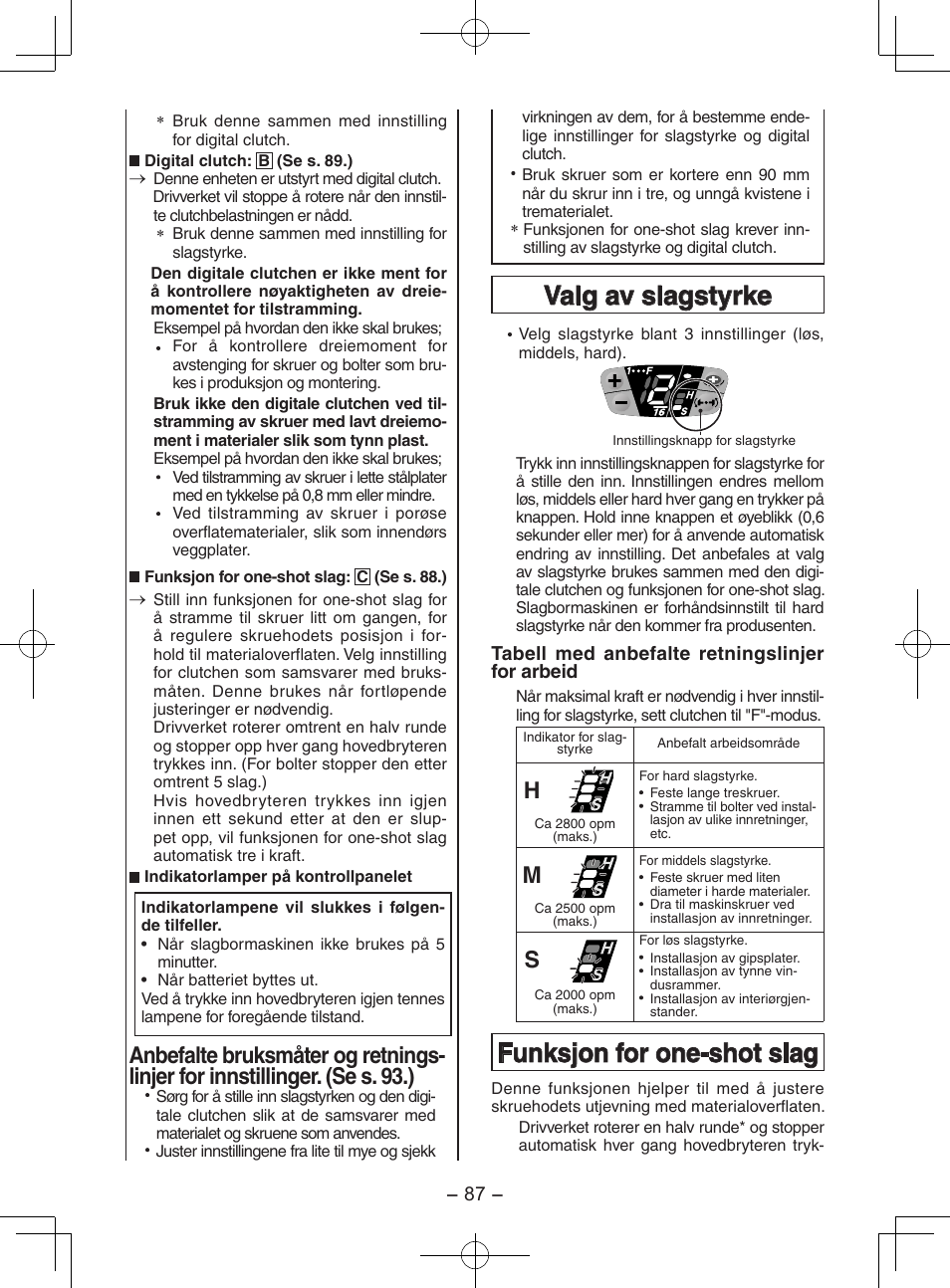 Valg av slagstyrke, Funksjon for one-shot slag | Panasonic EY7202GQW User Manual | Page 87 / 124