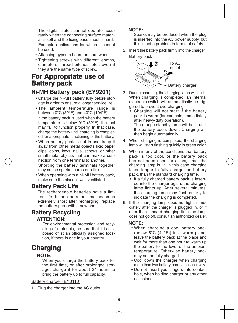 For appropriate use of battery pack, Charging, Ni-mh battery pack (ey9201) | Battery pack life, Battery recycling | Panasonic EY7202GQW User Manual | Page 9 / 124