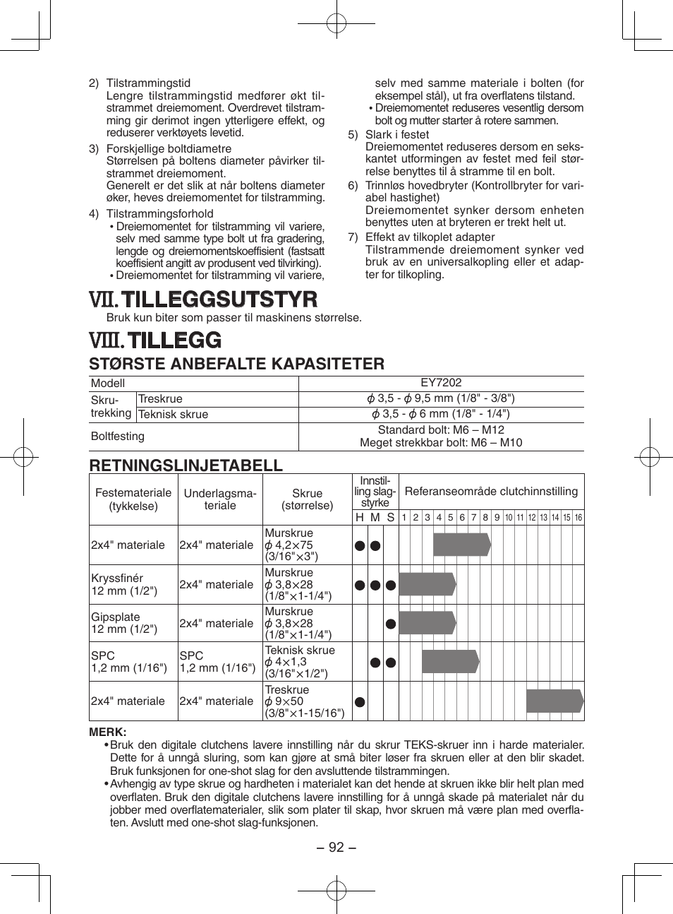 Viii, Tilleggsutstyr, Tillegg | Største anbefalte kapasiteter, Retningslinjetabell | Panasonic EY7202GQW User Manual | Page 92 / 124