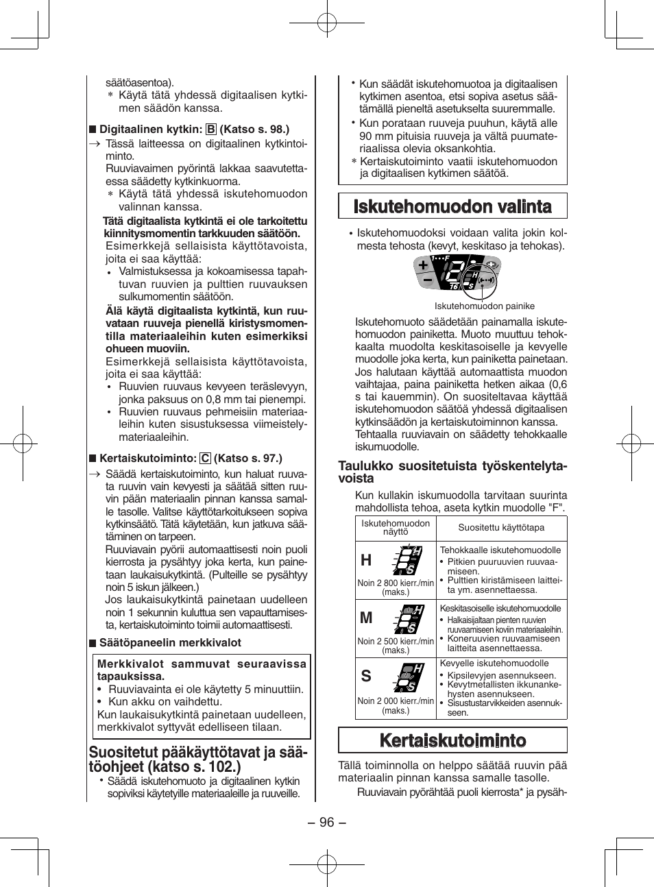 Iskutehomuodon valinta, Kertaiskutoiminto | Panasonic EY7202GQW User Manual | Page 96 / 124