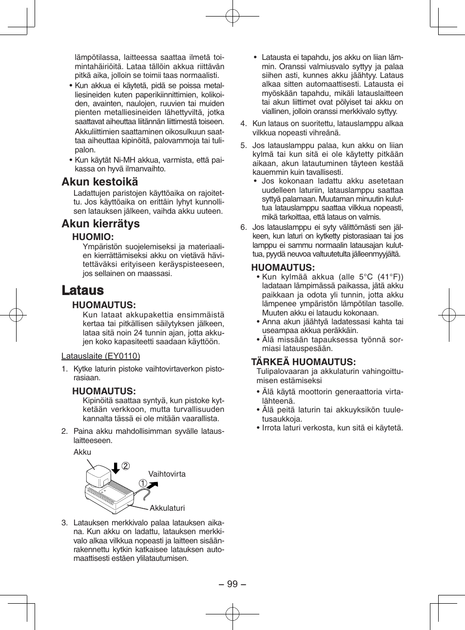 Lataus, Akun kestoikä, Akun kierrätys | Panasonic EY7202GQW User Manual | Page 99 / 124