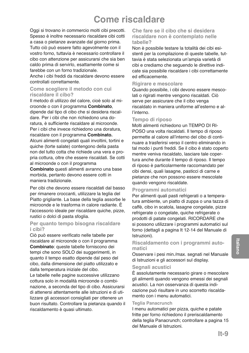 Come riscaldare, It-9 | Panasonic NNGD469MEPG User Manual | Page 110 / 201