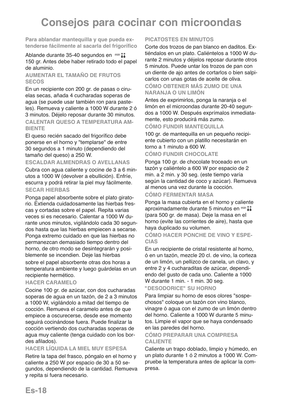 Consejos para cocinar con microondas, Es-18 | Panasonic NNGD469MEPG User Manual | Page 152 / 201