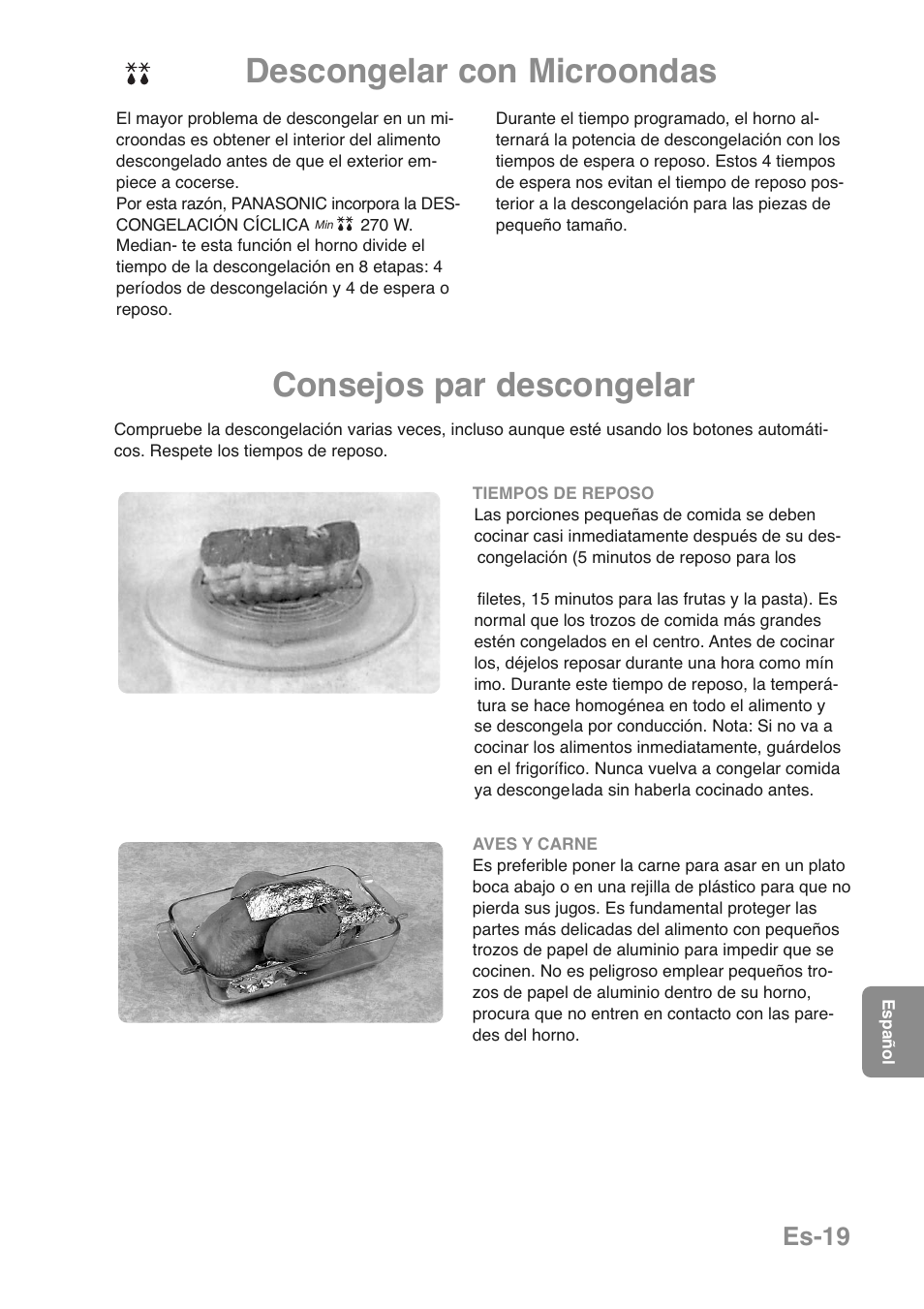 Descongelar con microondas, Consejos par descongelar, Es-19 | Panasonic NNGD469MEPG User Manual | Page 153 / 201