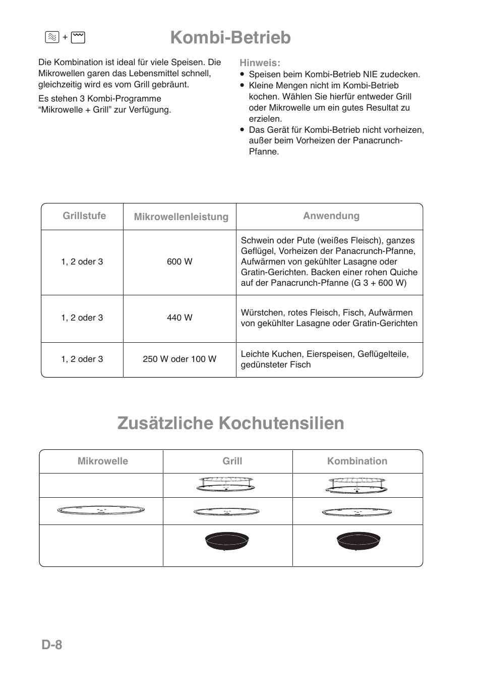 Kombi-betrieb, Zusätzliche kochutensilien | Panasonic NNGD469MEPG User Manual | Page 43 / 201