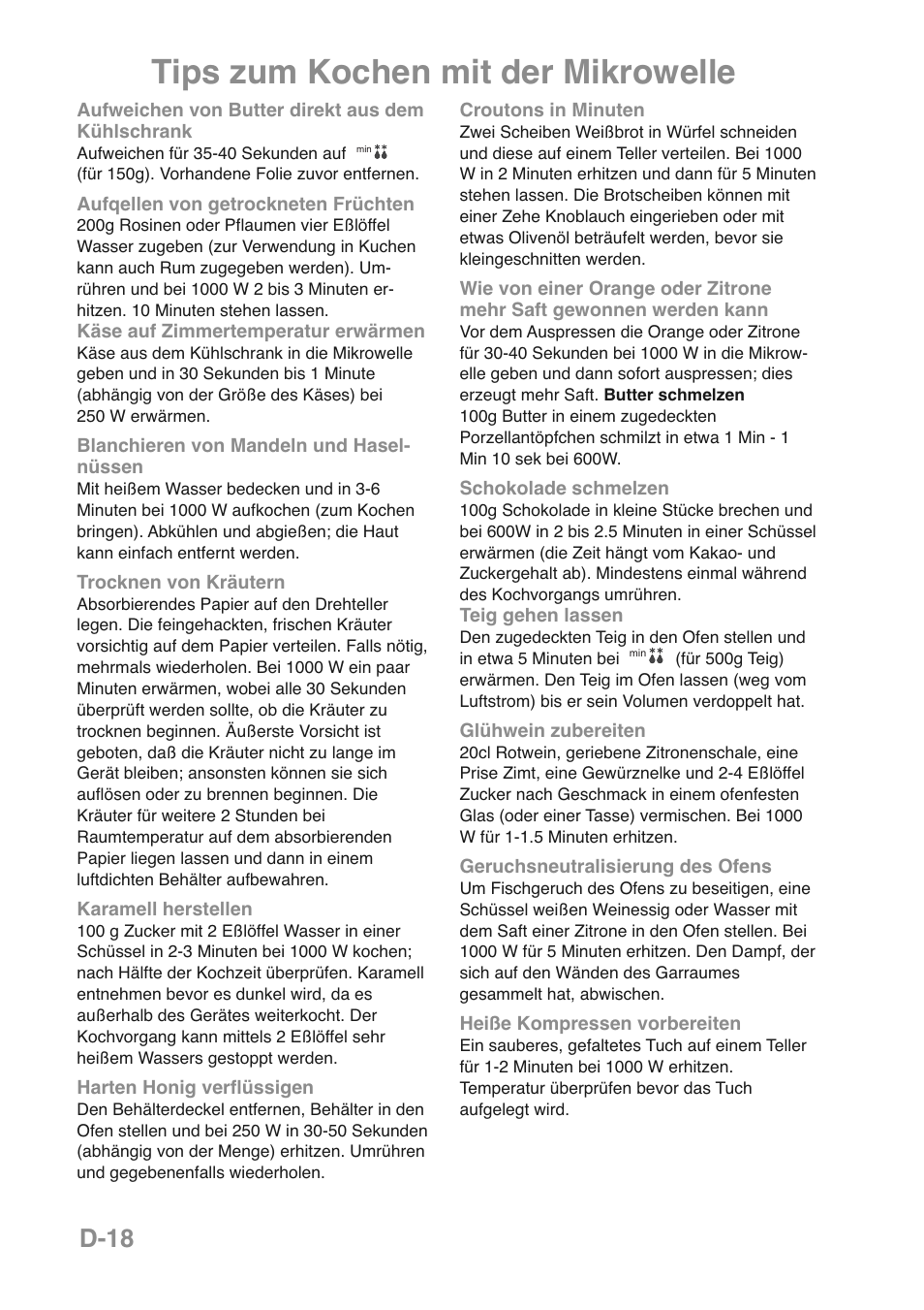 Tips zum kochen mit der mikrowelle, D-18 | Panasonic NNGD469MEPG User Manual | Page 53 / 201