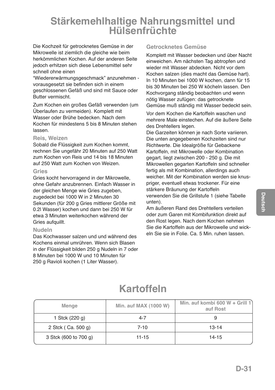 Stärkemehlhaltige nahrungsmittel und hülsenfrüchte, Kartoffeln, D-31 | Panasonic NNGD469MEPG User Manual | Page 66 / 201