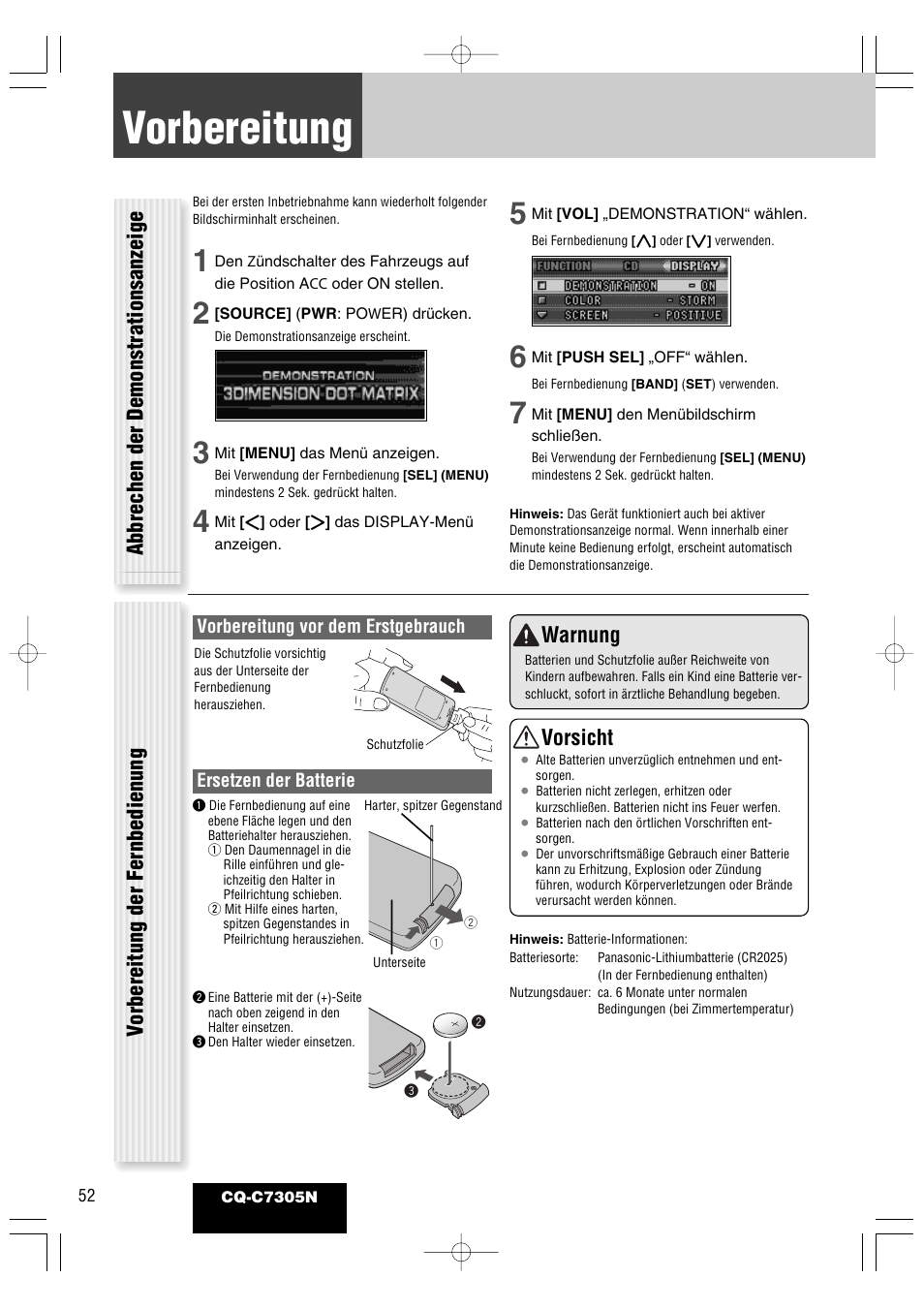 Vorbereitung, Vorsicht | Panasonic CQC7305N User Manual | Page 10 / 66