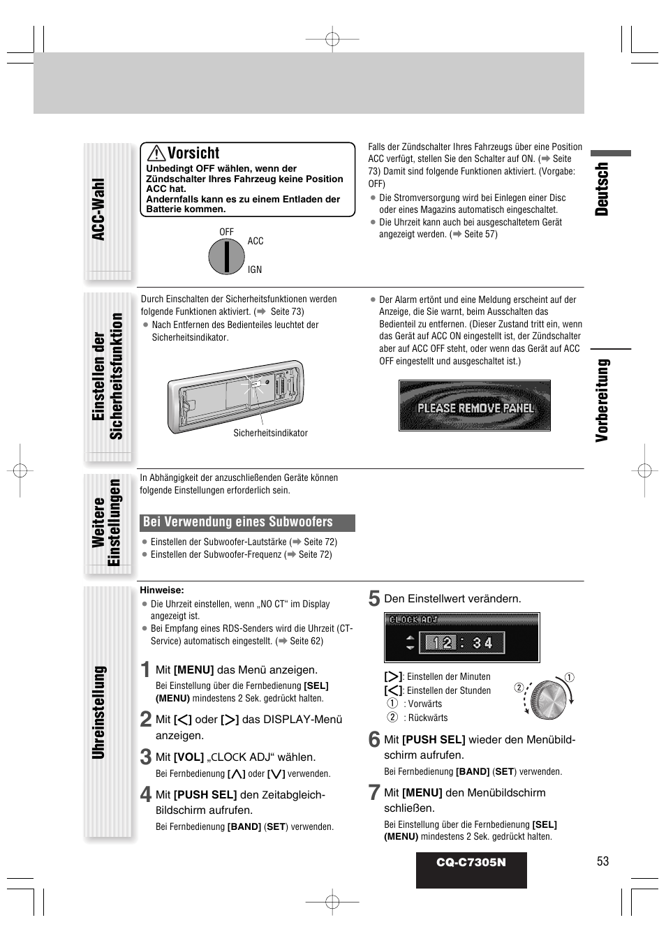 Deutsch, Vorsicht, Einstellen der sicherheitsfunktion | Panasonic CQC7305N User Manual | Page 11 / 66