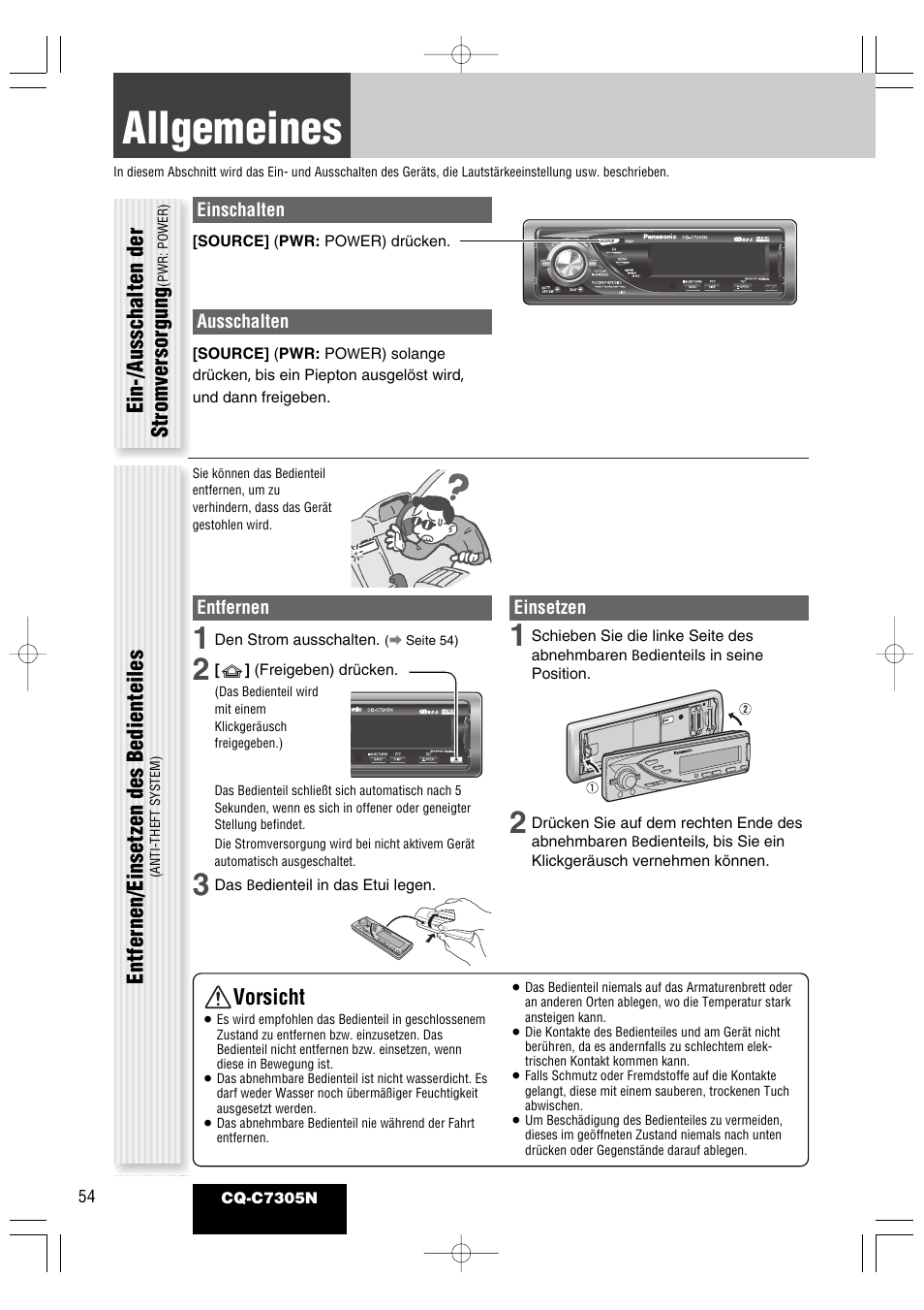 Allgemeines, Vorsicht, Ein-/ausschalten der stromversorgung | Entfernen/einsetzen des bedienteiles | Panasonic CQC7305N User Manual | Page 12 / 66