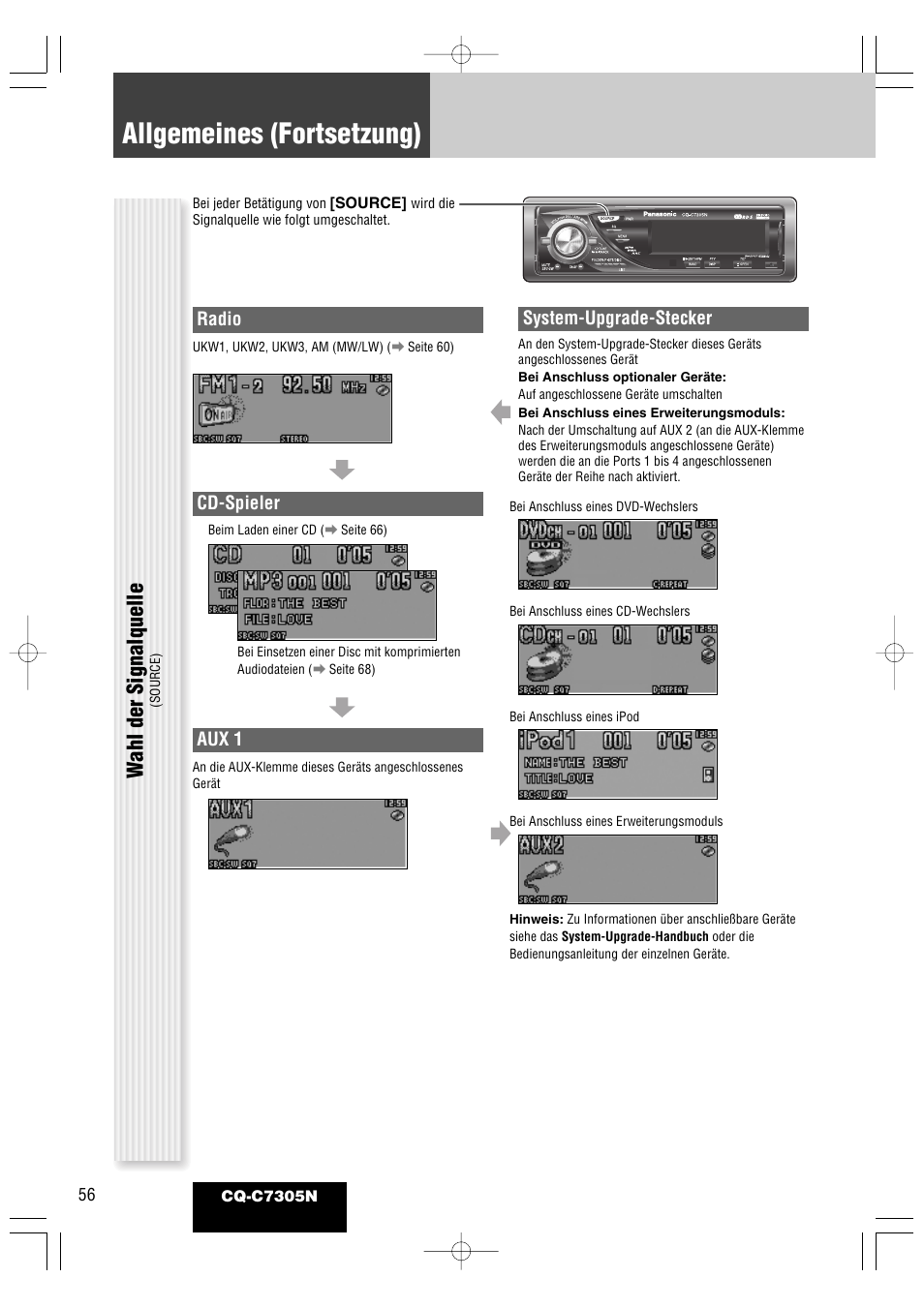 Allgemeines (fortsetzung), Wahl der signalquelle, Radio | Cd-spieler, Aux 1, System-upgrade-stecker | Panasonic CQC7305N User Manual | Page 14 / 66