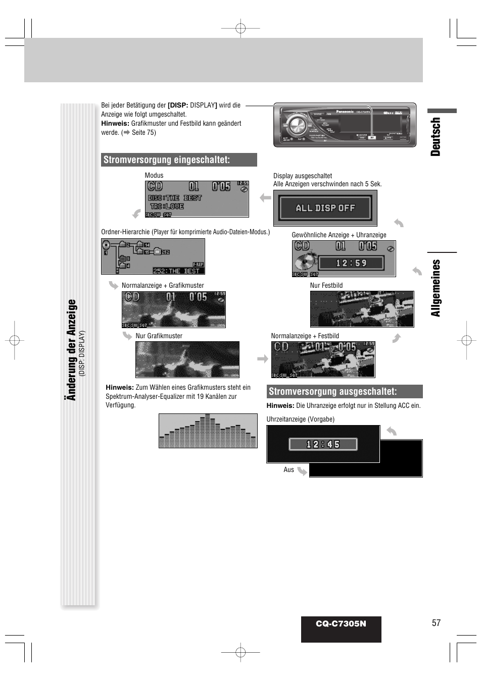 Deutsch, Allgemeines, Änderung der anzeige | Stromversorgung ausgeschaltet, Stromversorgung eingeschaltet | Panasonic CQC7305N User Manual | Page 15 / 66