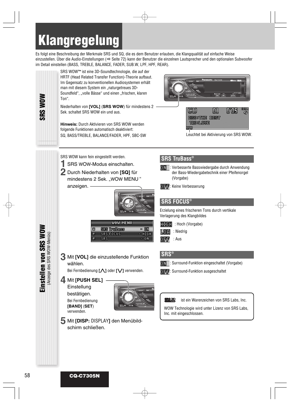 Klangregelung, Srs wow einstellen von srs wow | Panasonic CQC7305N User Manual | Page 16 / 66