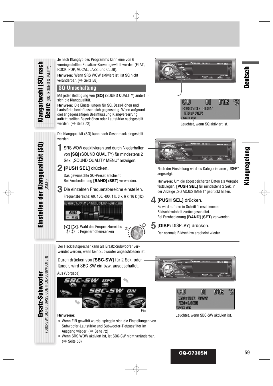 Deutsch, Klangartwahl (sq) nach genre, Einstellen der klangqualität (sq) | Ersatz-subwoofer, Klangregelung | Panasonic CQC7305N User Manual | Page 17 / 66