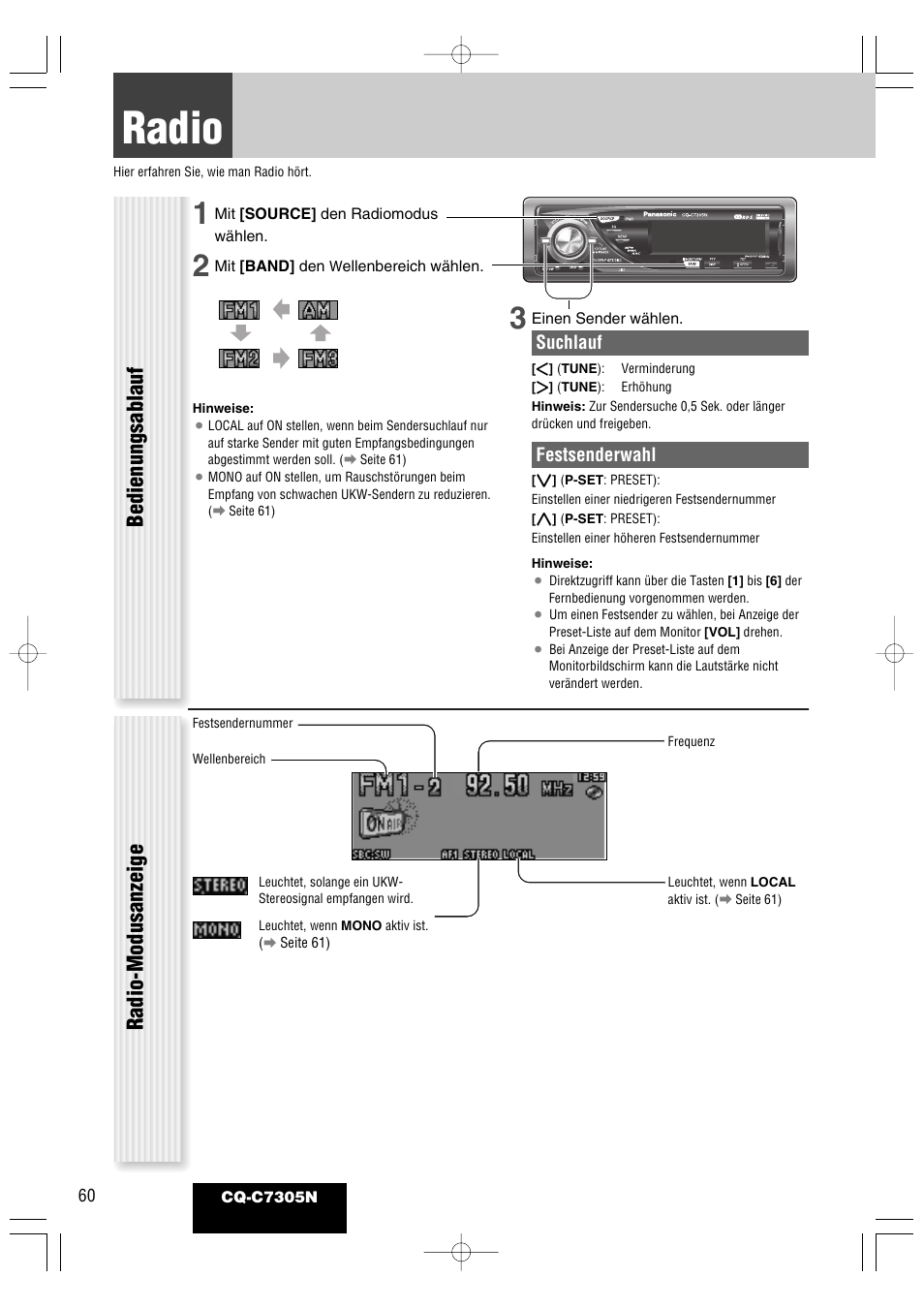 Radio, Bedienungsablauf, Radio-modusanzeige | Panasonic CQC7305N User Manual | Page 18 / 66