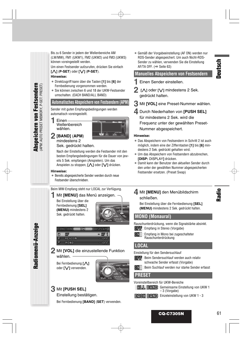 Deutsch, Radio, Radiomenü-anzeige | Abspeichern von festsendern | Panasonic CQC7305N User Manual | Page 19 / 66