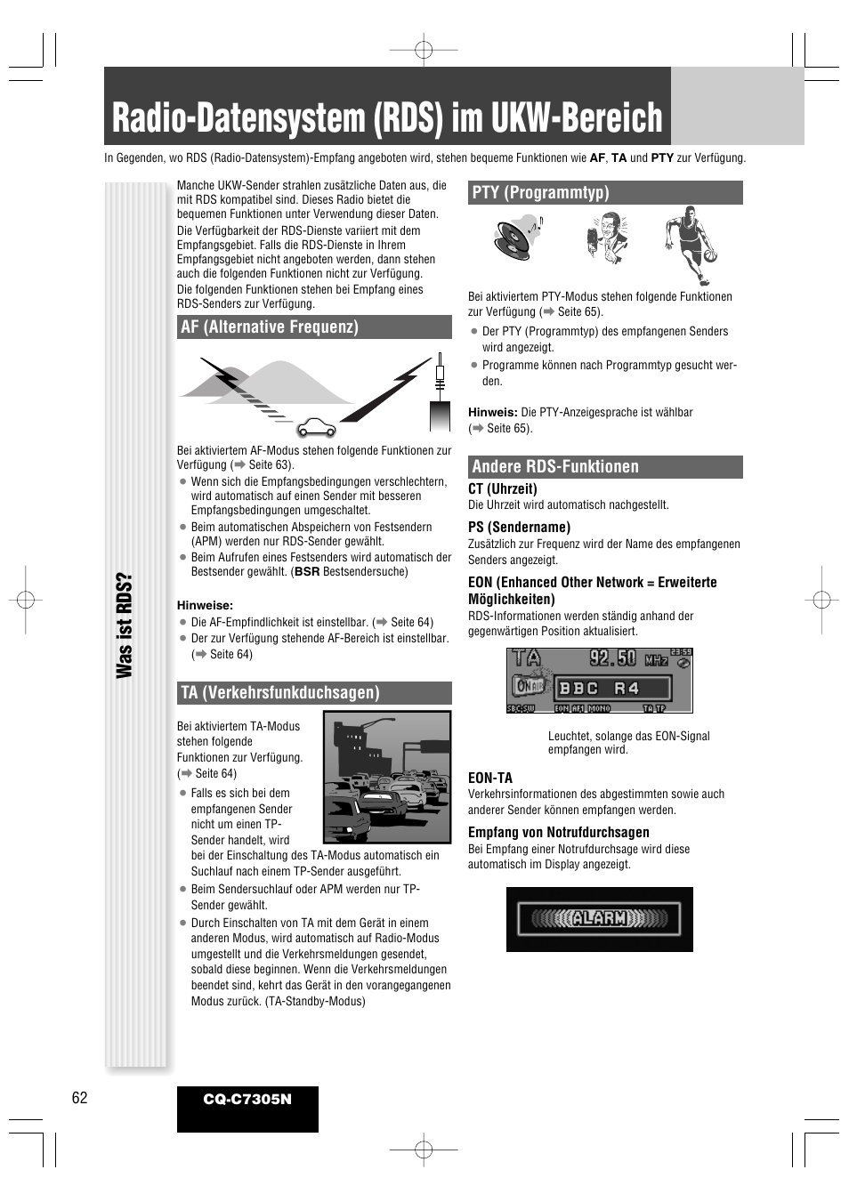 Radio-datensystem (rds) im ukw-bereich, Was ist rds, Af (alternative frequenz) | Ta (verkehrsfunkduchsagen), Pty (programmtyp), Andere rds-funktionen | Panasonic CQC7305N User Manual | Page 20 / 66