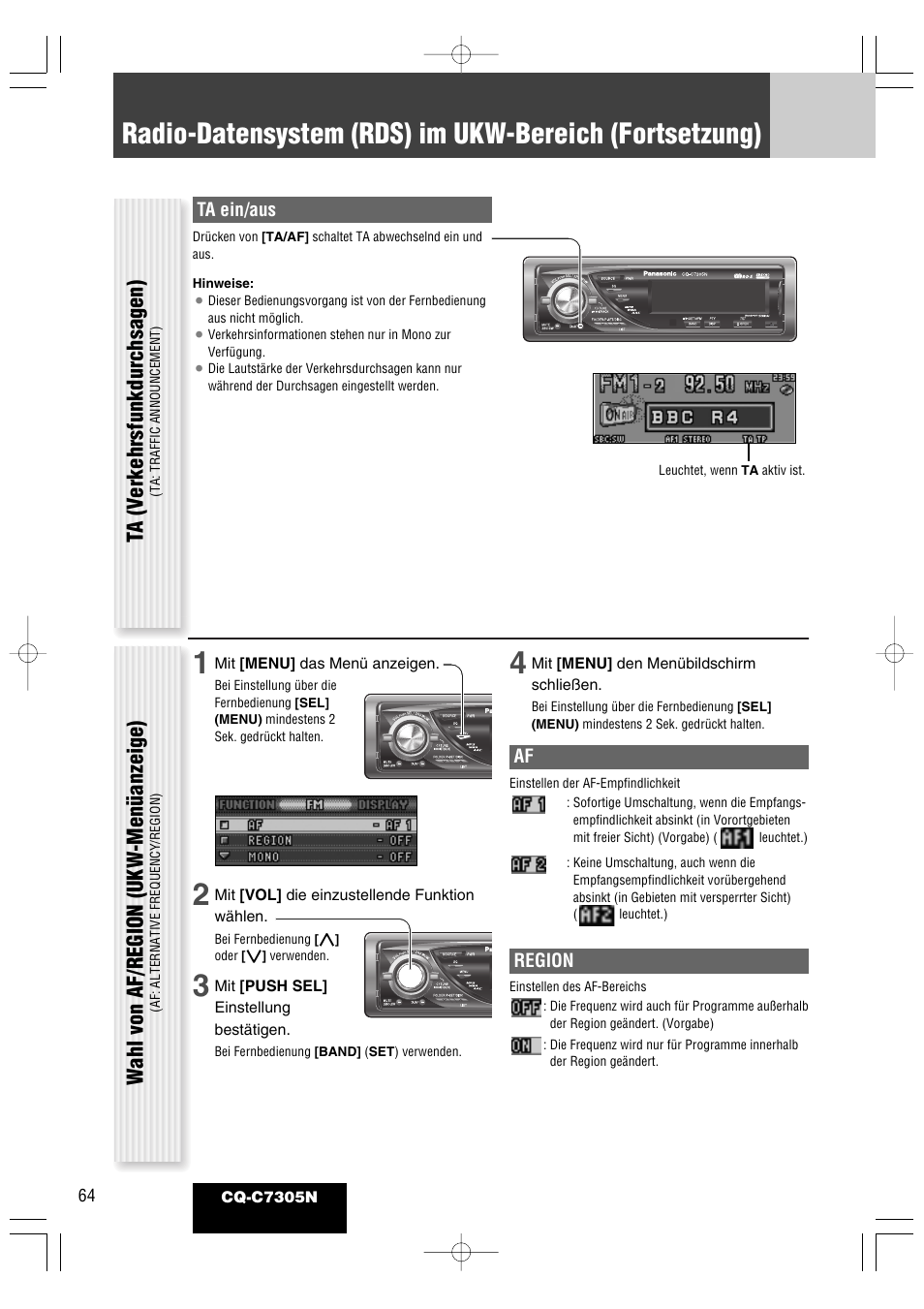 Ta (v erkehrsfunkdurchsagen), Wahl von af/region (ukw -menüanzeige) | Panasonic CQC7305N User Manual | Page 22 / 66