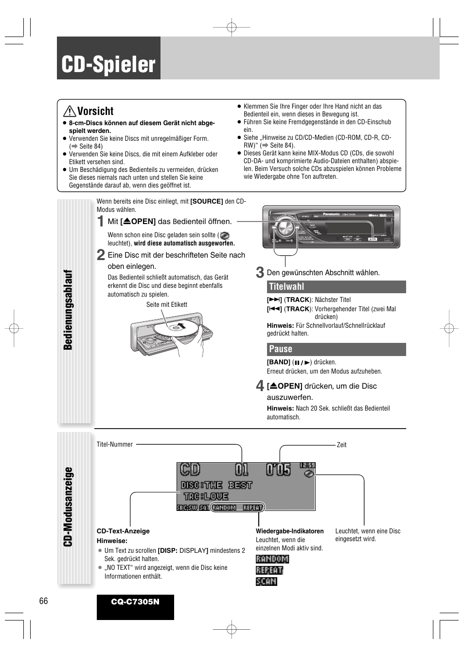 Cd-spieler, Vorsicht, Bedienungsablauf cd-modusanzeige | Panasonic CQC7305N User Manual | Page 24 / 66