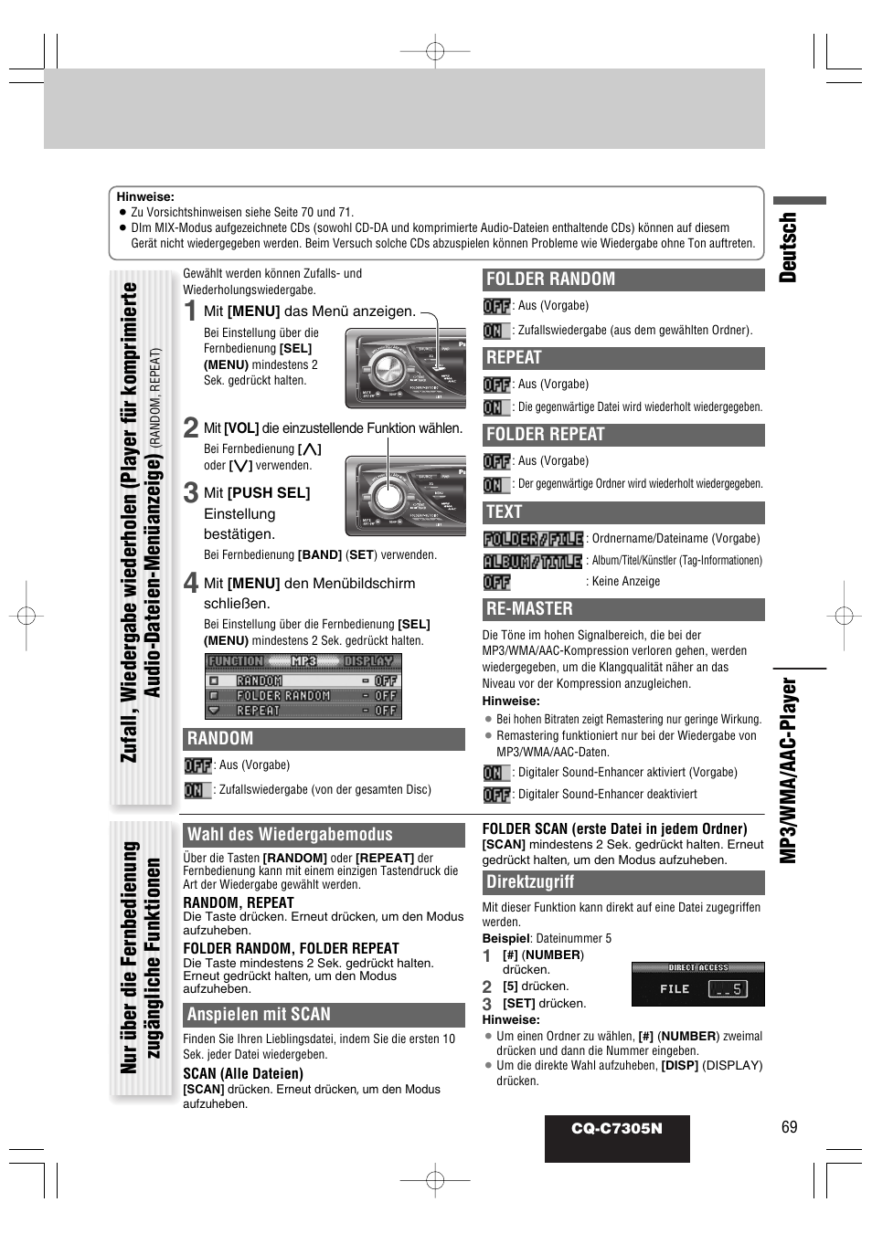 Deutsch, Mp3/wma/aac-player, Nur über die fernbedienung zugängliche funktionen | Panasonic CQC7305N User Manual | Page 27 / 66