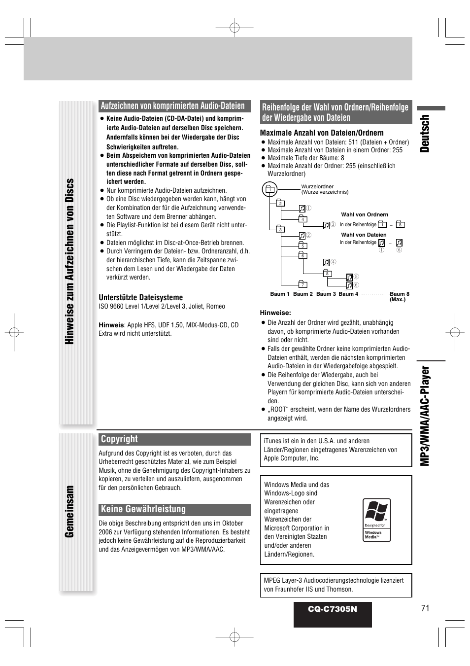 Deutsch, Gemeinsam, Aufzeichnen von komprimierten audio-dateien | Copyright, Keine gewährleistung, Cq-c7305n, Unterstützte dateisysteme, Maximale anzahl von dateien/ordnern | Panasonic CQC7305N User Manual | Page 29 / 66