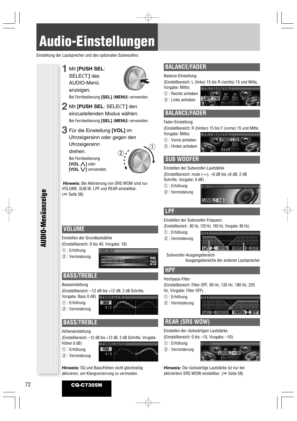 Audio-einstellungen, Audio-menüanzeige | Panasonic CQC7305N User Manual | Page 30 / 66