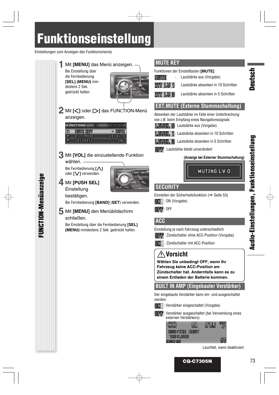 Funktionseinstellung, Deutsch, Audio-einstellungen, funktionseinstellung | Function-menüanzeige, Vorsicht | Panasonic CQC7305N User Manual | Page 31 / 66