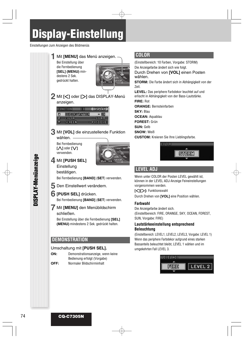 Display-einstellung, Displa y -menüanzeige | Panasonic CQC7305N User Manual | Page 32 / 66