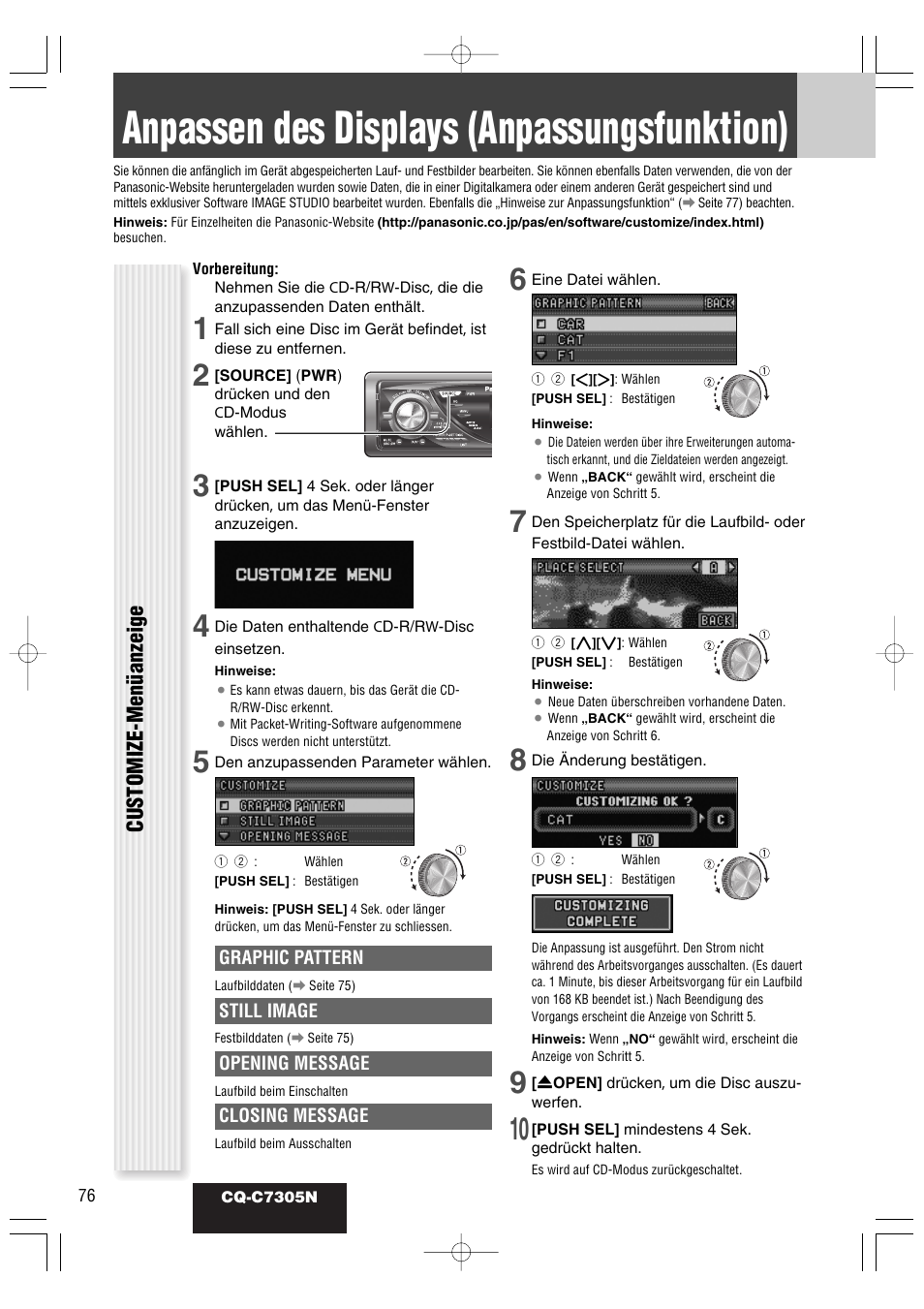 Anpassen des displays (anpassungsfunktion), Customize-menüanzeige | Panasonic CQC7305N User Manual | Page 34 / 66