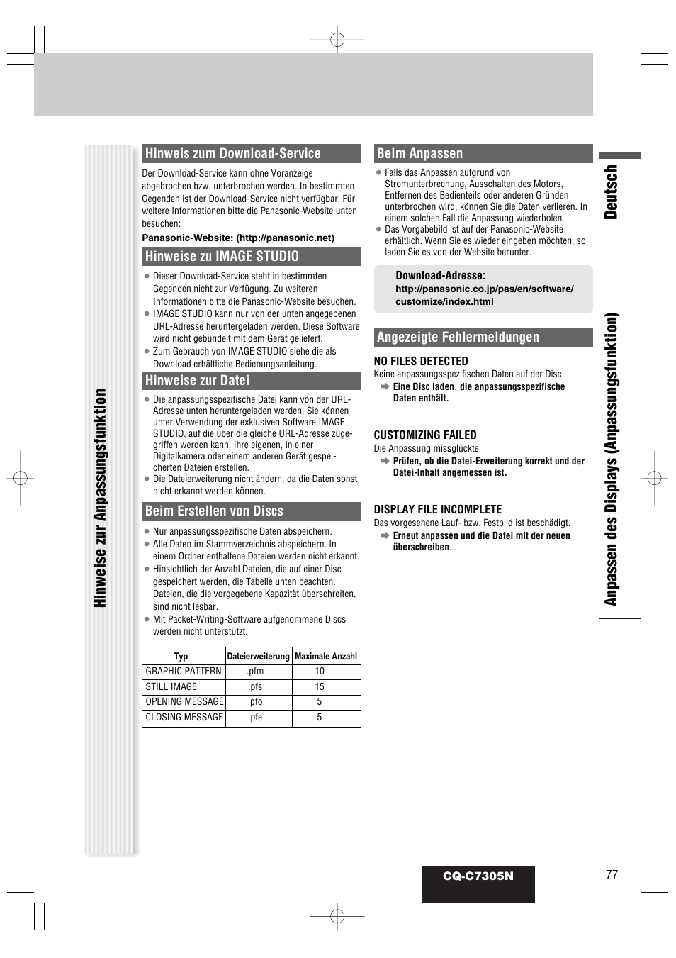 Deutsch, Hinweis zum download-service, Hinweise zu image studio | Hinweise zur datei, Beim erstellen von discs, Beim anpassen, Angezeigte fehlermeldungen | Panasonic CQC7305N User Manual | Page 35 / 66