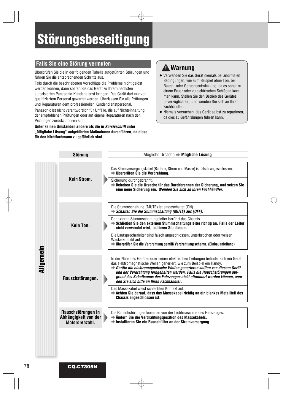 Störungsbeseitigung, Warnung, Allgemein | Falls sie eine störung vermuten | Panasonic CQC7305N User Manual | Page 36 / 66
