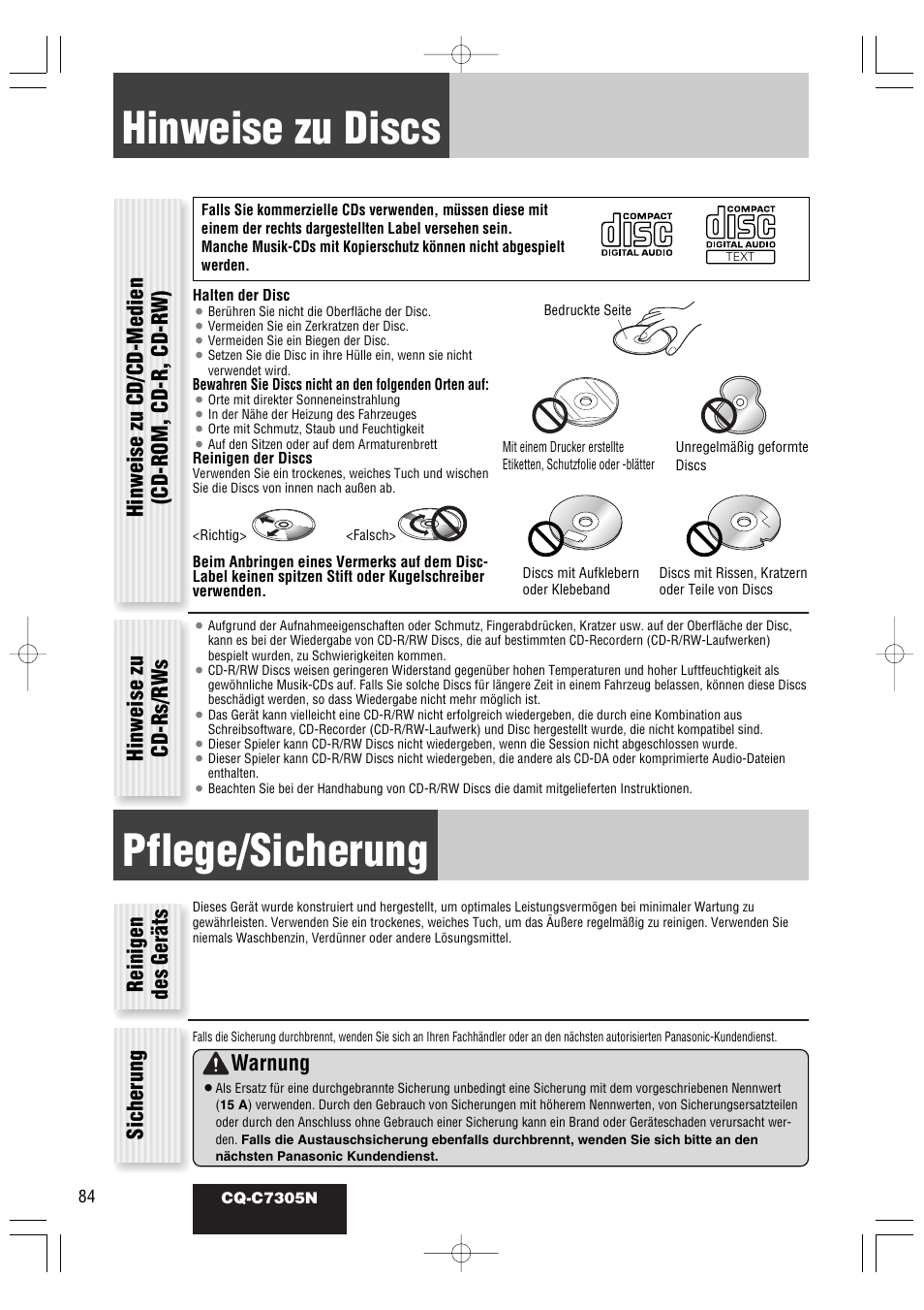 Hinweise zu discs, Pflege/sicherung, Hinweise zu cd/cd-medien (cd-rom, cd-r, cd-rw) | Hinweise zu cd-rs/rws, Reinigen des geräts sicherung, Warnung | Panasonic CQC7305N User Manual | Page 42 / 66