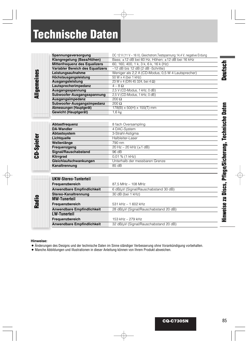 Technische daten, Deutsch, Allgemeines | Cd-spieler, Radio | Panasonic CQC7305N User Manual | Page 43 / 66