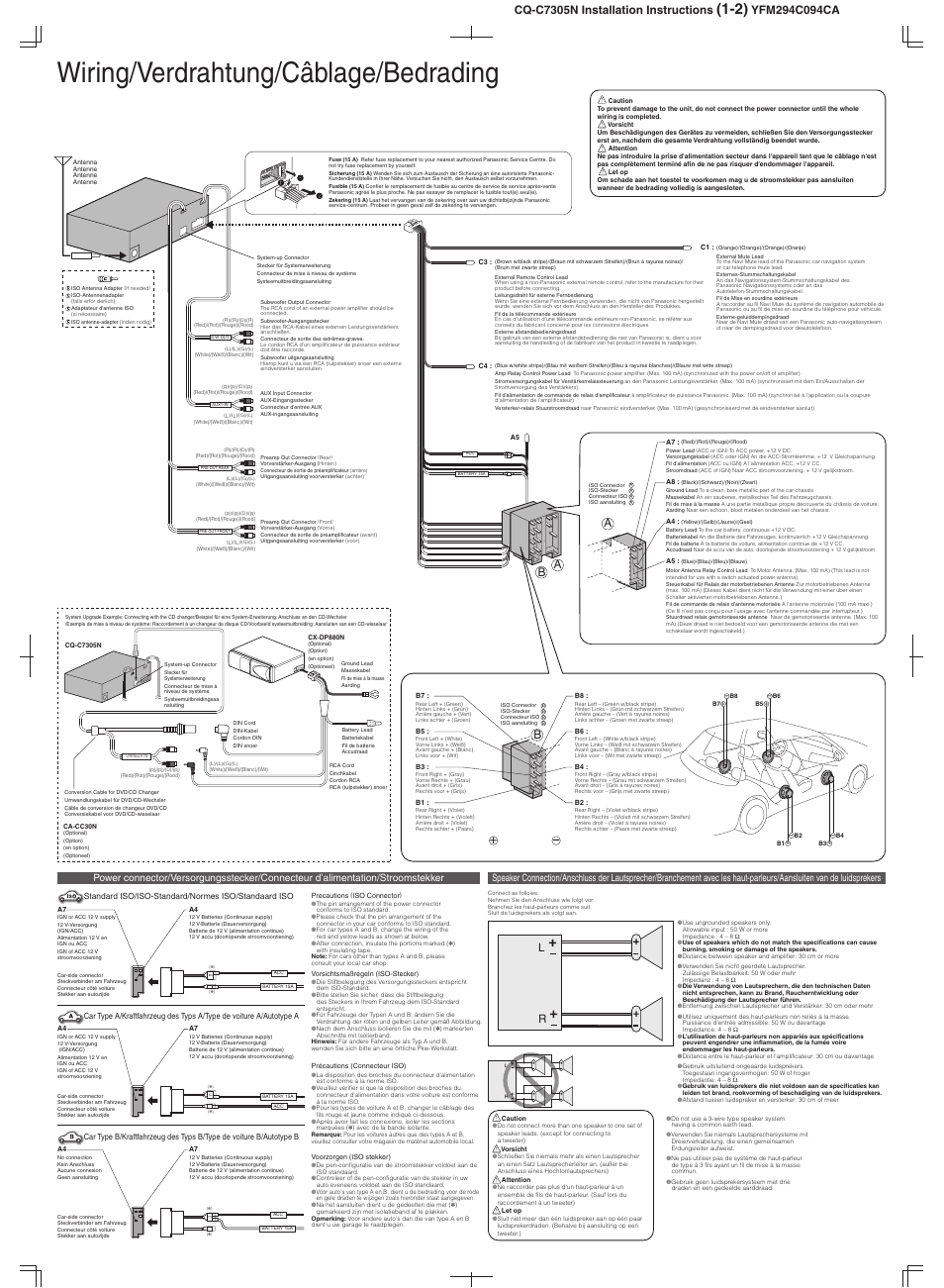 Wiring/verdrahtung/câblage/bedrading, Cq-c7305n installation instructions, Standard iso/iso-standard/normes iso/standaard iso | Panasonic CQC7305N User Manual | Page 46 / 66