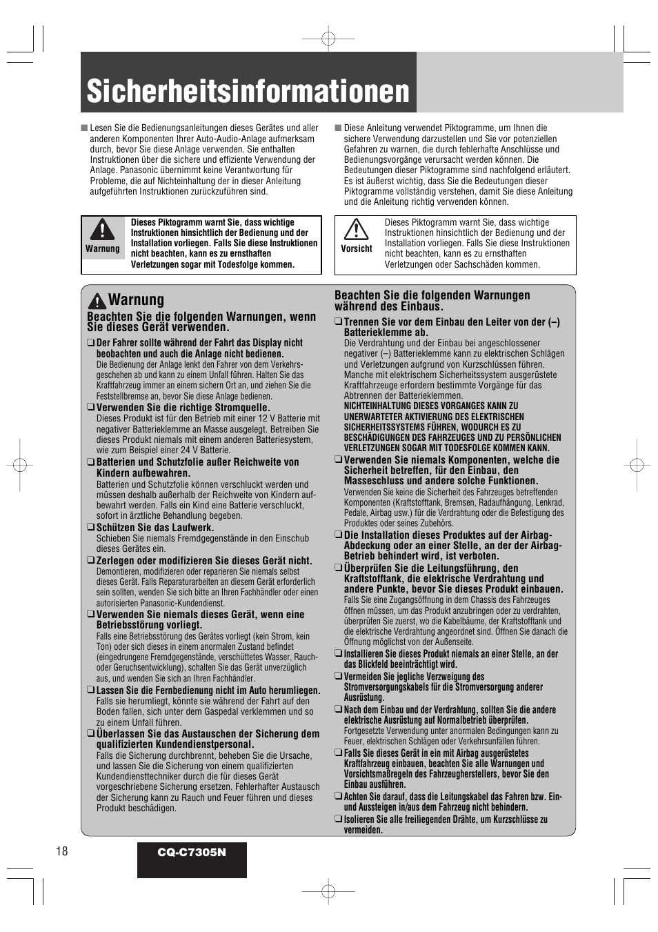 Sicherheitsinformationen, Warnung | Panasonic CQC7305N User Manual | Page 48 / 66