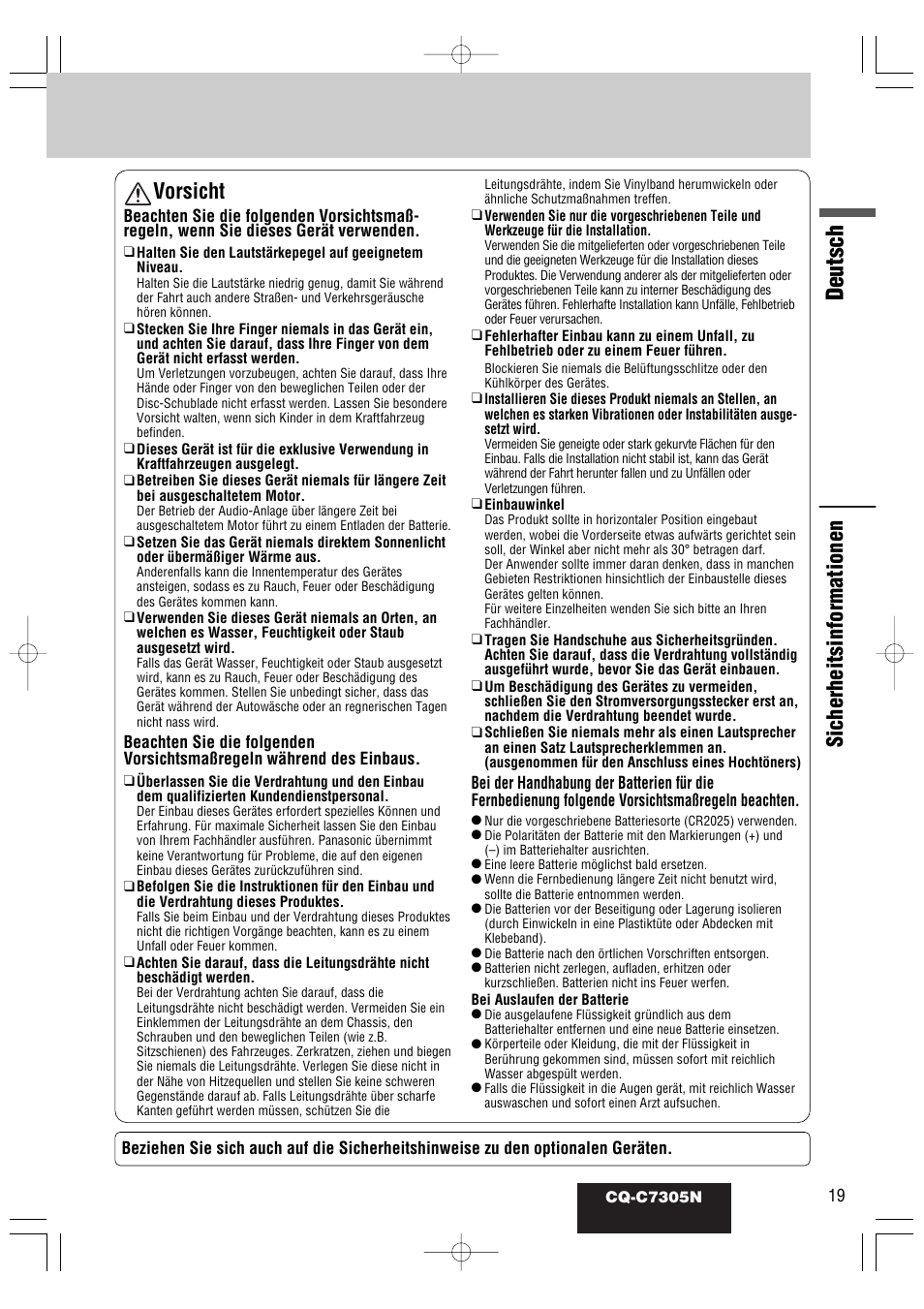 Deutsch, Sicherheitsinformationen vorsicht | Panasonic CQC7305N User Manual | Page 49 / 66
