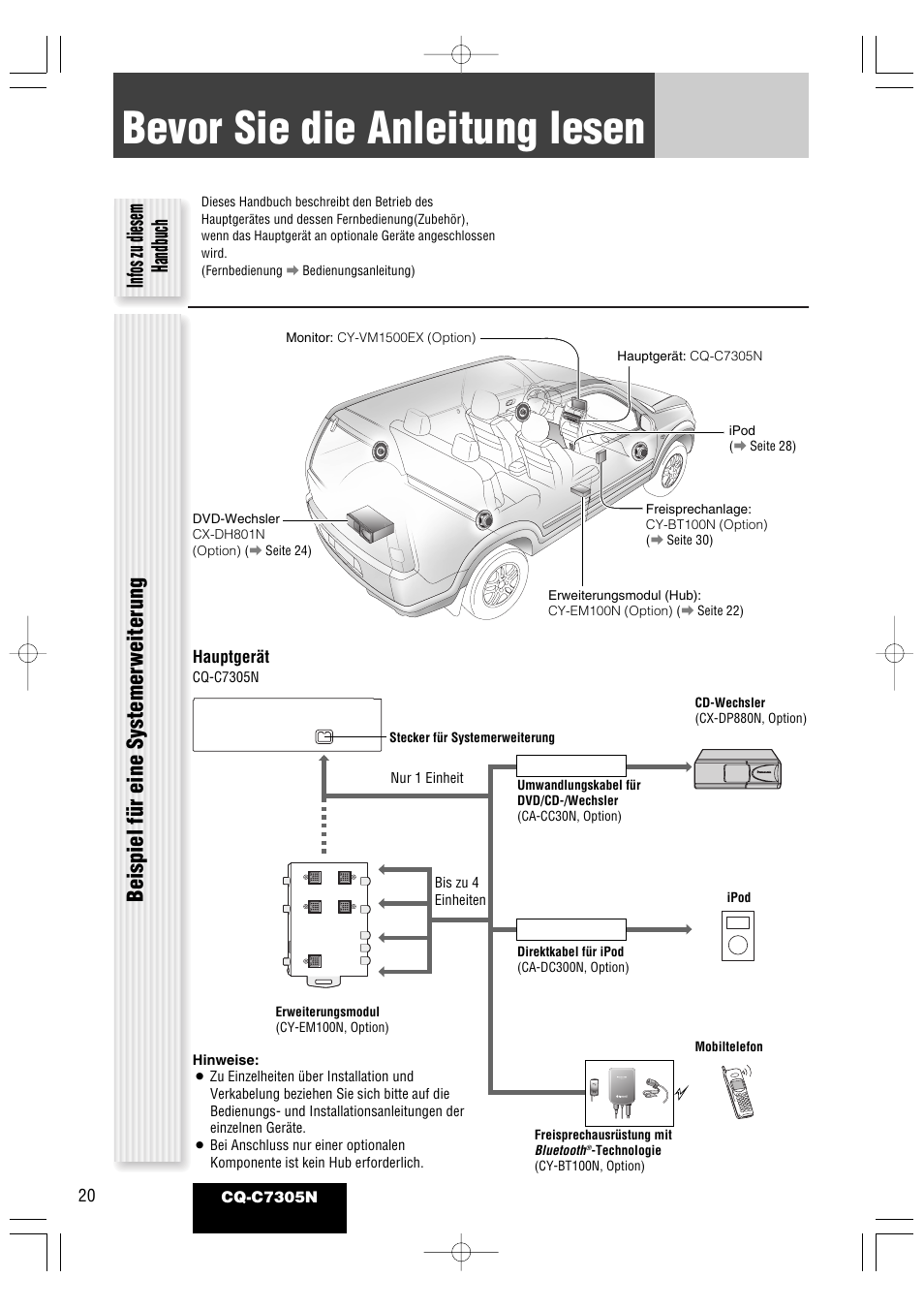 Bevor sie die anleitung lesen, Infos zu diesem handbuch, Beispiel für eine systemer weiterung | Panasonic CQC7305N User Manual | Page 50 / 66