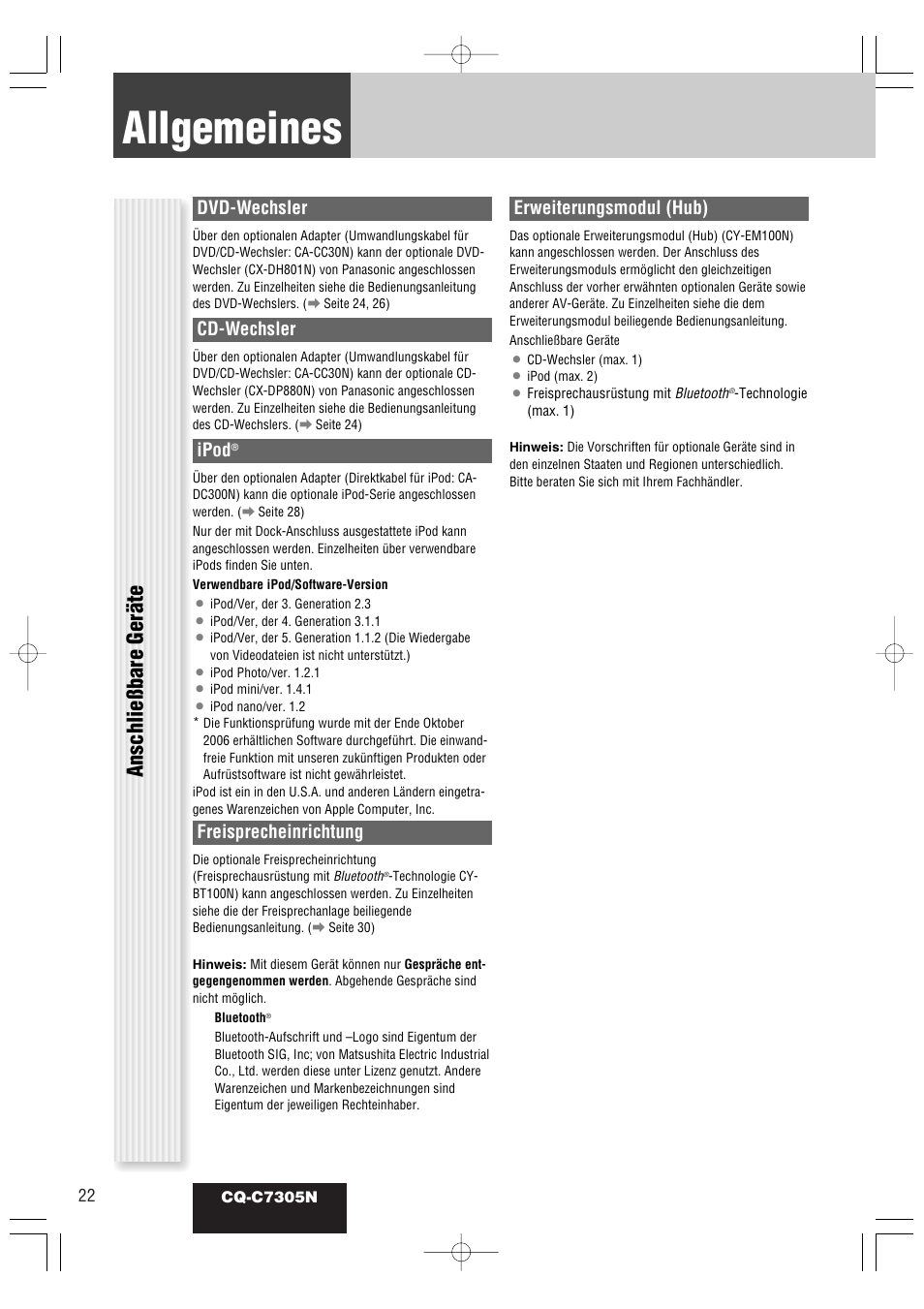 Allgemeines, Anschließbare geräte, Dvd-wechsler | Cd-wechsler, Ipod, Freisprecheinrichtung, Erweiterungsmodul (hub) | Panasonic CQC7305N User Manual | Page 52 / 66