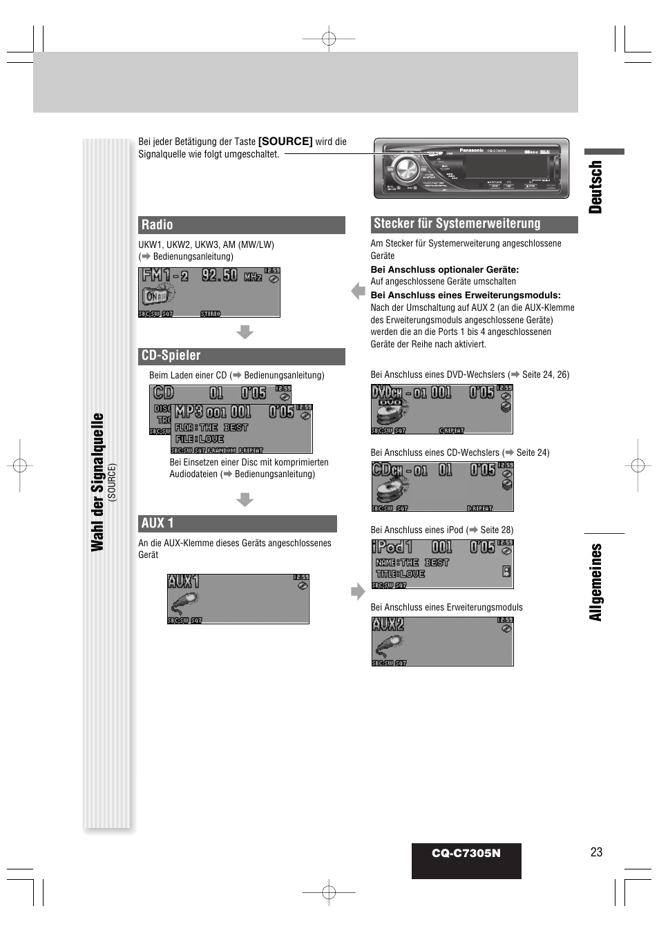 Deutsch, Wahl der signalquelle, Allgemeines | Radio, Cd-spieler, Aux 1, Stecker für systemerweiterung | Panasonic CQC7305N User Manual | Page 53 / 66