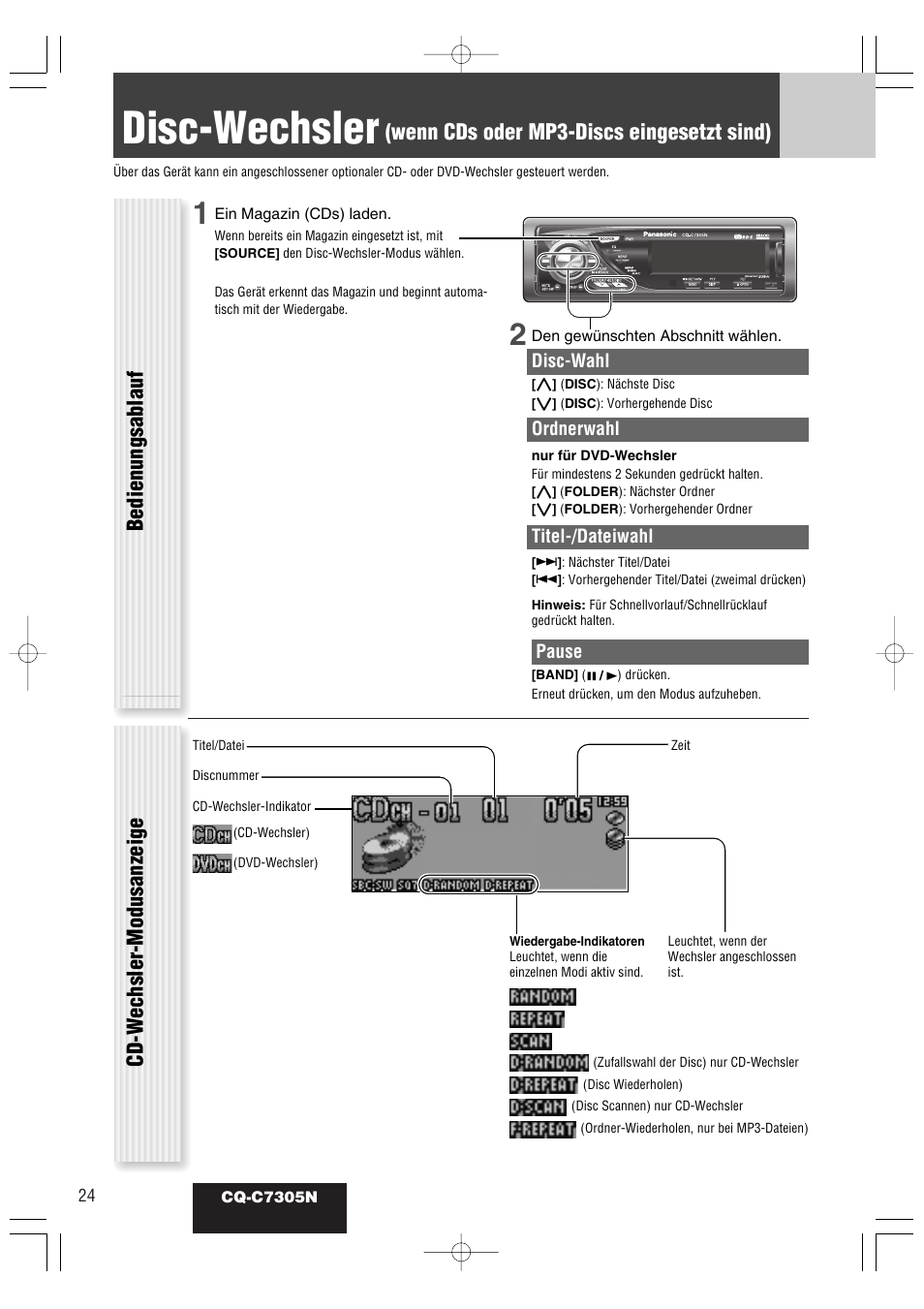 Disc-wechsler, Wenn cds oder mp3-discs eingesetzt sind), Bedienungsablauf cd-w echsler -modusanzeige | Panasonic CQC7305N User Manual | Page 54 / 66