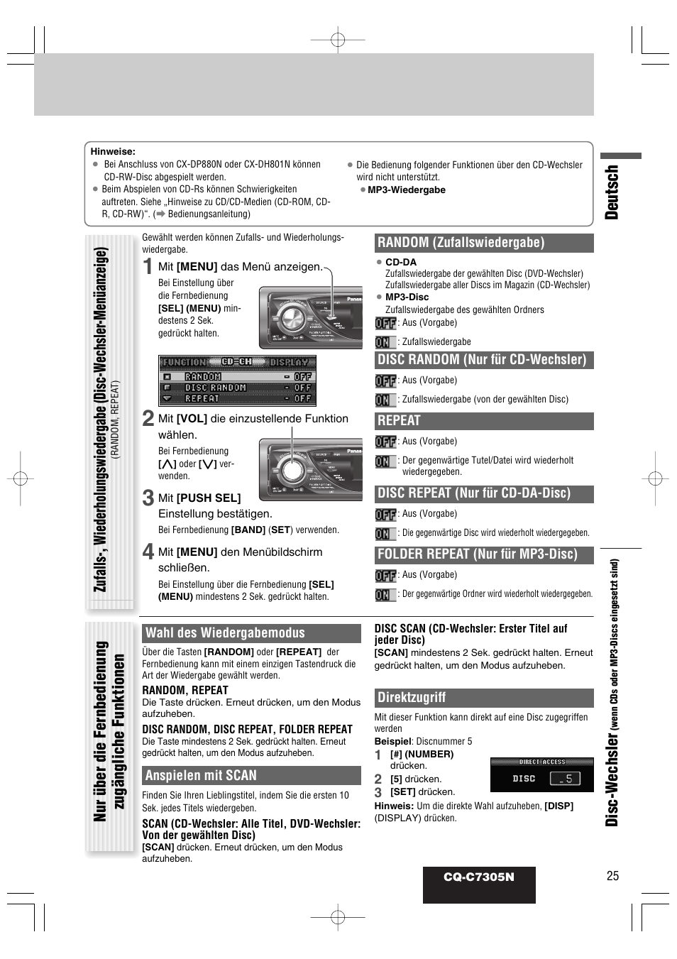 Deutsch, Disc-w echsler, Nur über die fernbedienung zugängliche funktionen | Panasonic CQC7305N User Manual | Page 55 / 66