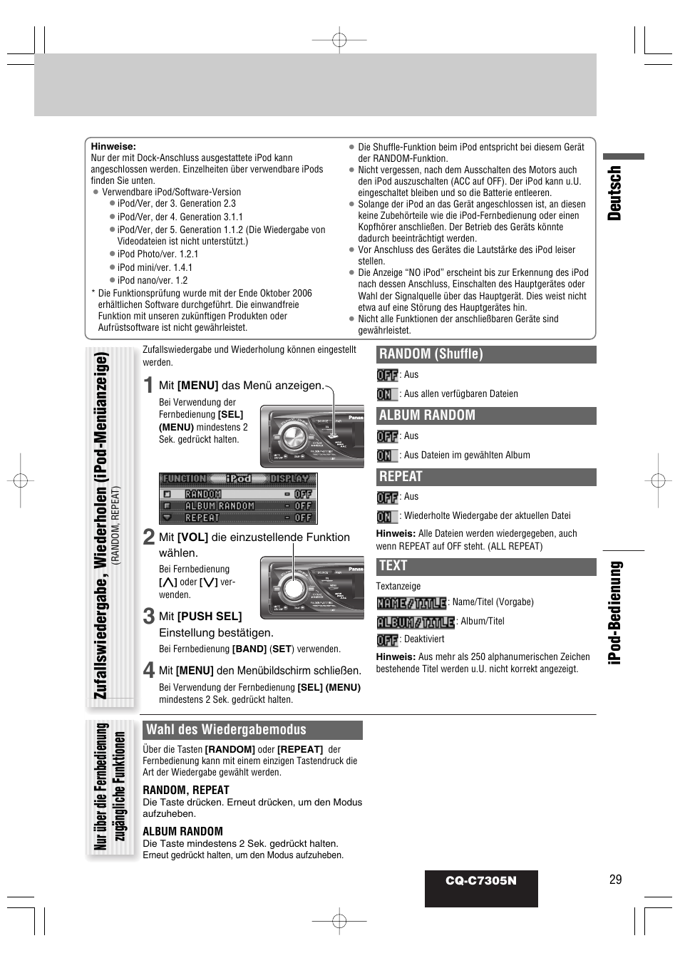 Deutsch, Ipod-bedienung, Random (shuffle) | Album random, Repeat, Text, Wahl des wiedergabemodus | Panasonic CQC7305N User Manual | Page 59 / 66