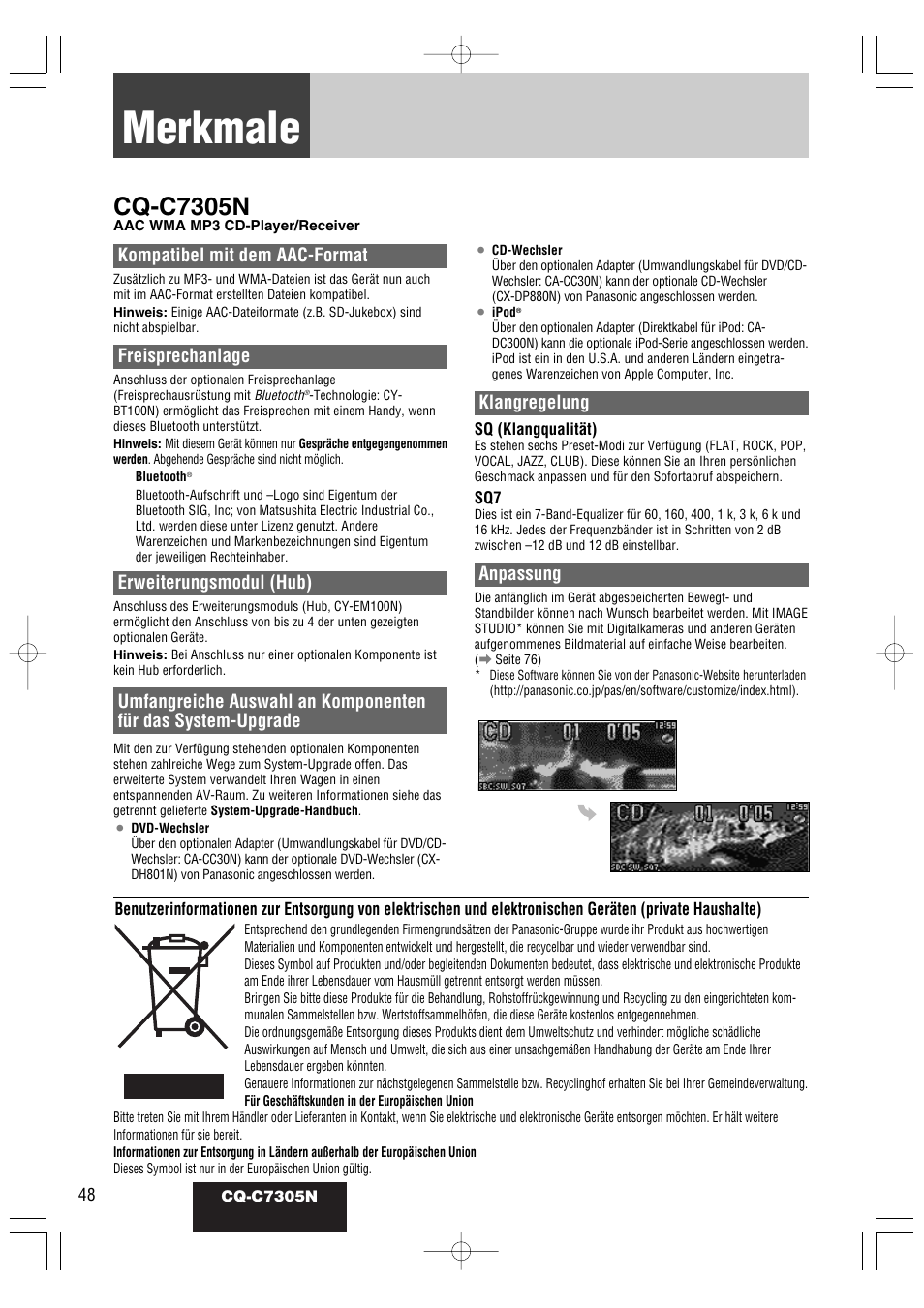 Merkmale, Cq-c7305n, Kompatibel mit dem aac-format | Freisprechanlage, Erweiterungsmodul (hub), Klangregelung, Anpassung | Panasonic CQC7305N User Manual | Page 6 / 66