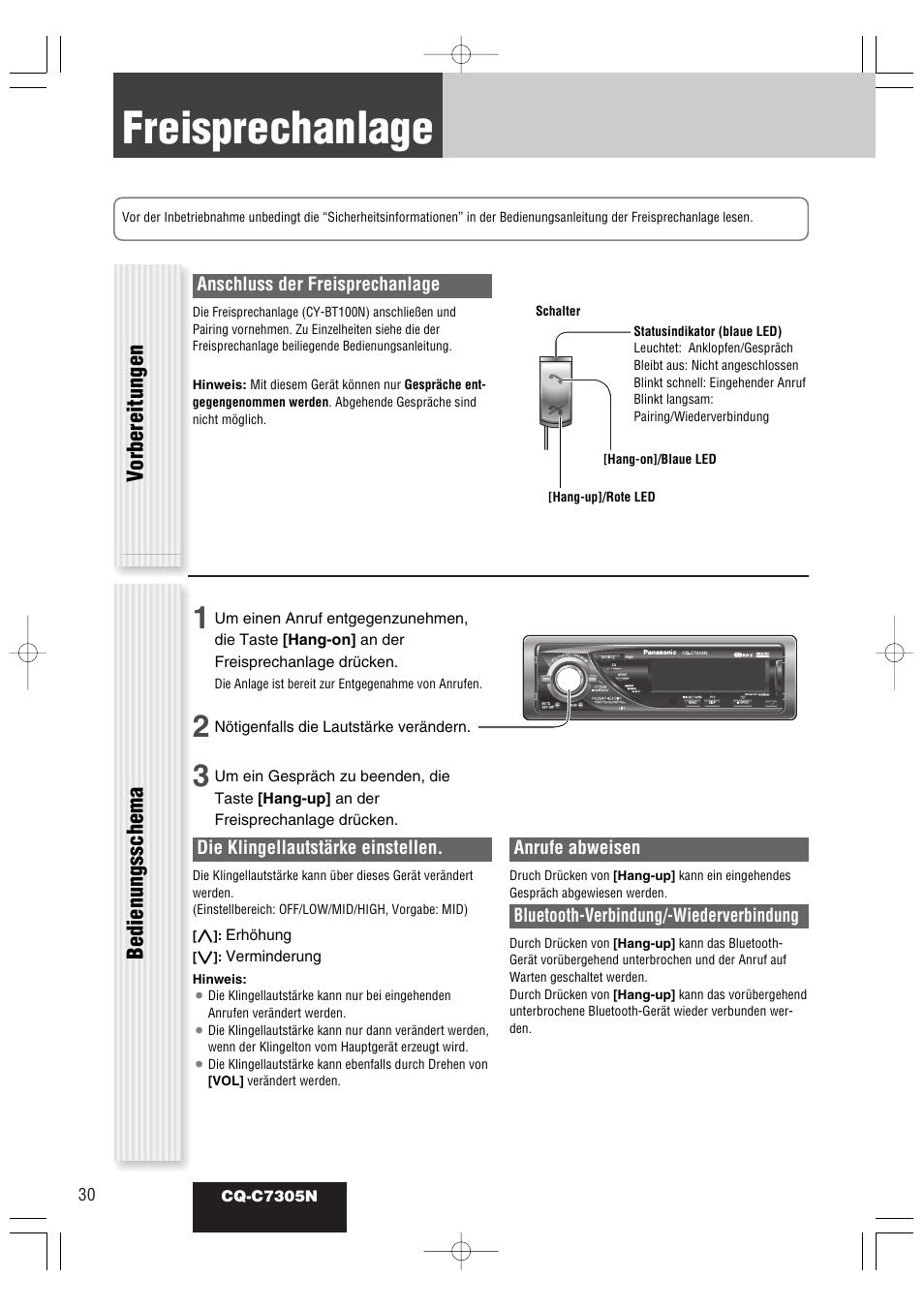 Freisprechanlage, Vorbereitungen, Bedienungsschema | Panasonic CQC7305N User Manual | Page 60 / 66